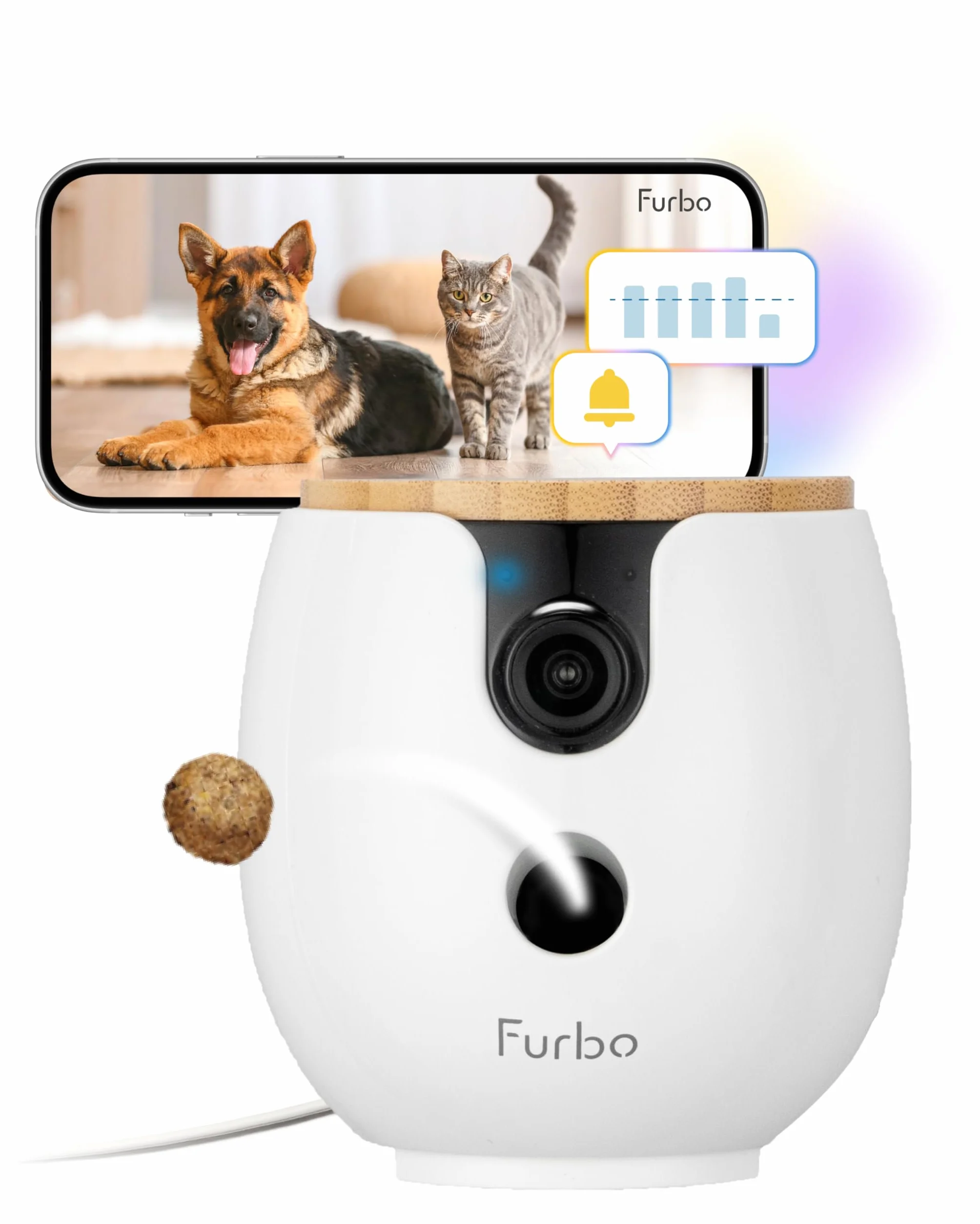 Furbo Mini cámara de 360º para mascotas, desbloquea la cámara inteligente y las funciones inteligentes con plan de pago: seguridad para el hogar y alertas de seguridad para perros y gatos, dispensador