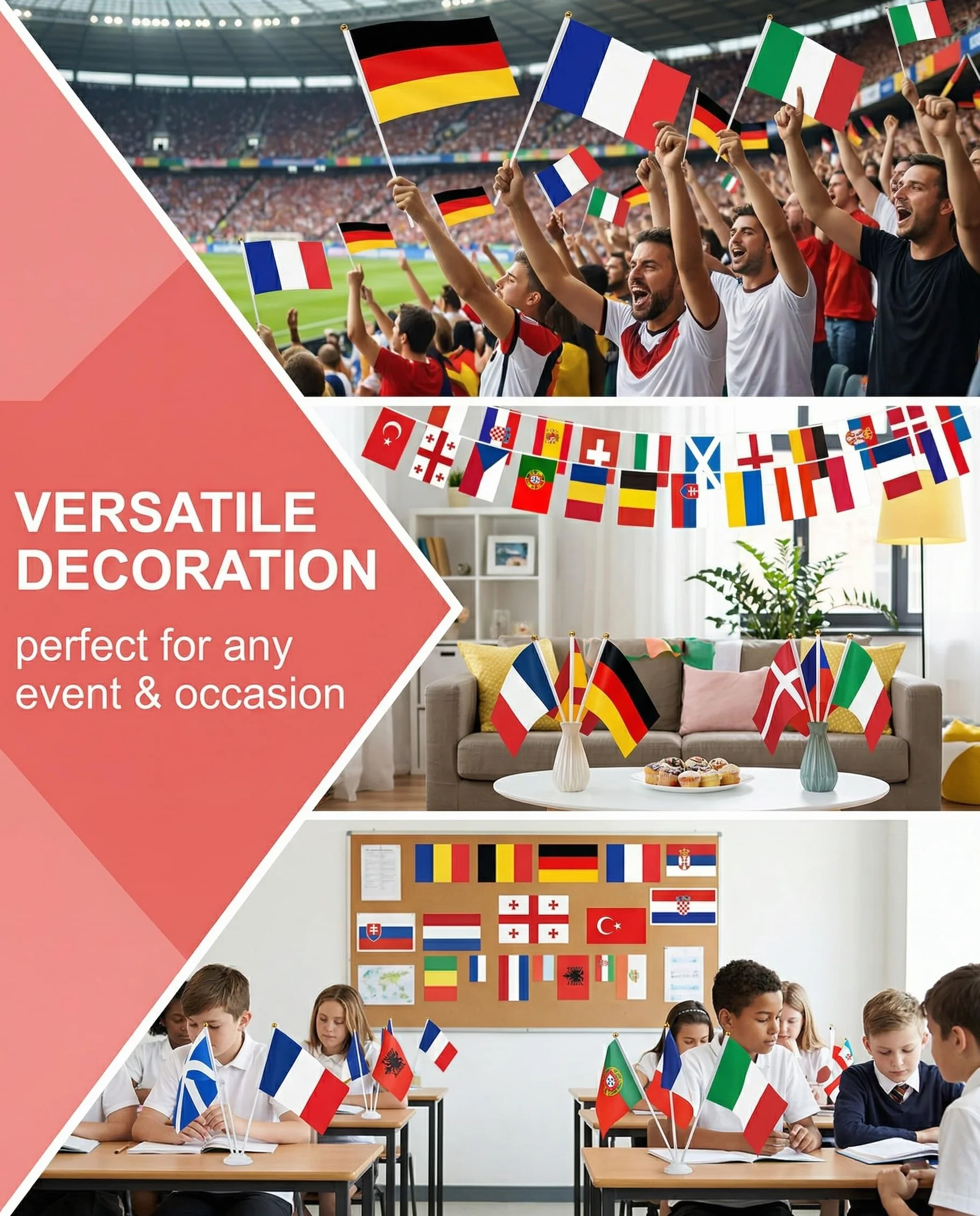 Banderas Países Europeos 24 Unidades Doble Cara con Palo para Mundial Eurocopa Fútbol Fiestas Decoración Eventos Deportivos