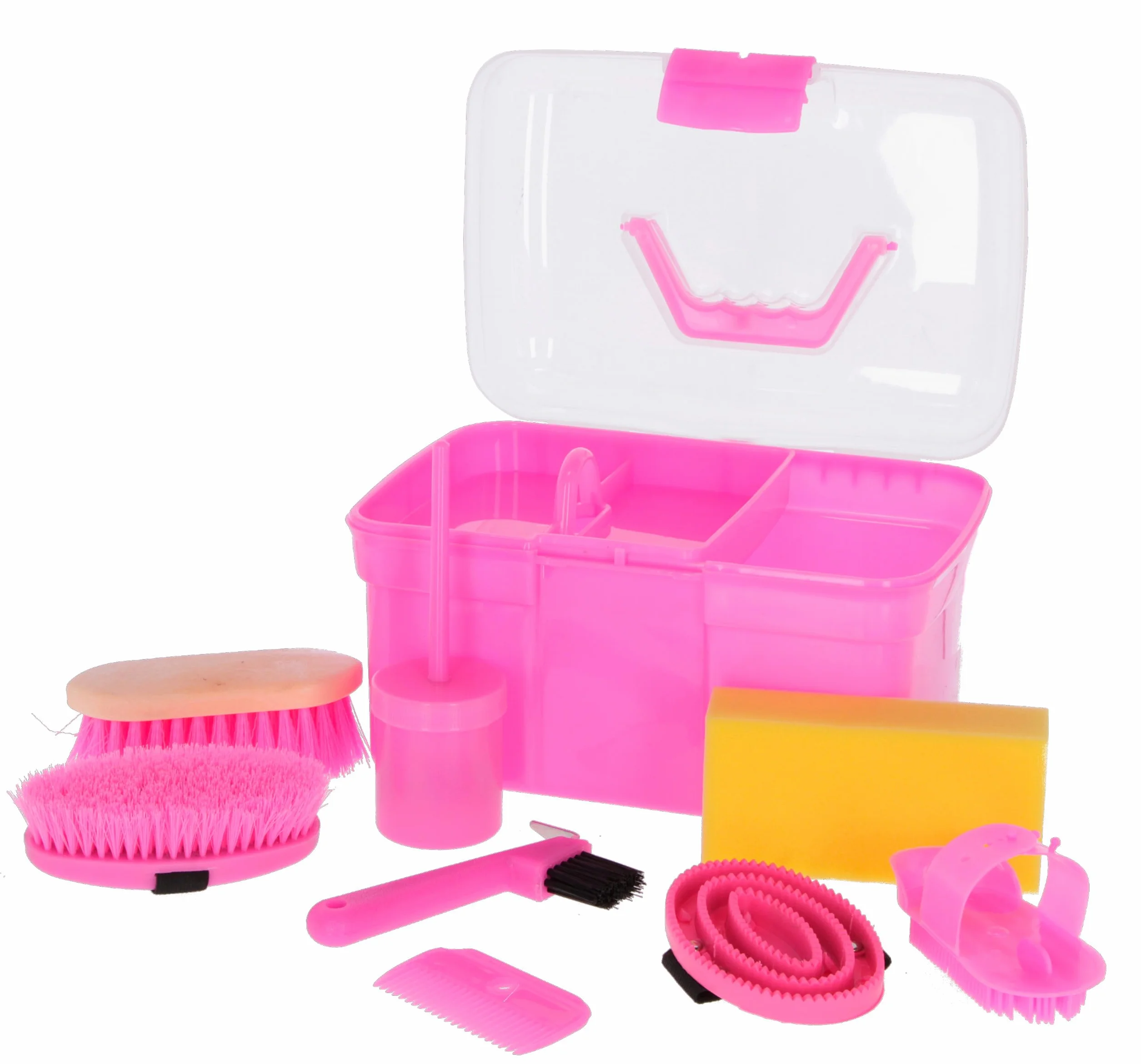 Covalliero Caja de Aseo, 8 Piezas, rellena, Bolsa de Aseo, Bolsa de Limpieza, para niños, Rosa, Polipropileno, 32x24x20 cm, 1 kg, para Jinetes y dueños de Caballos
