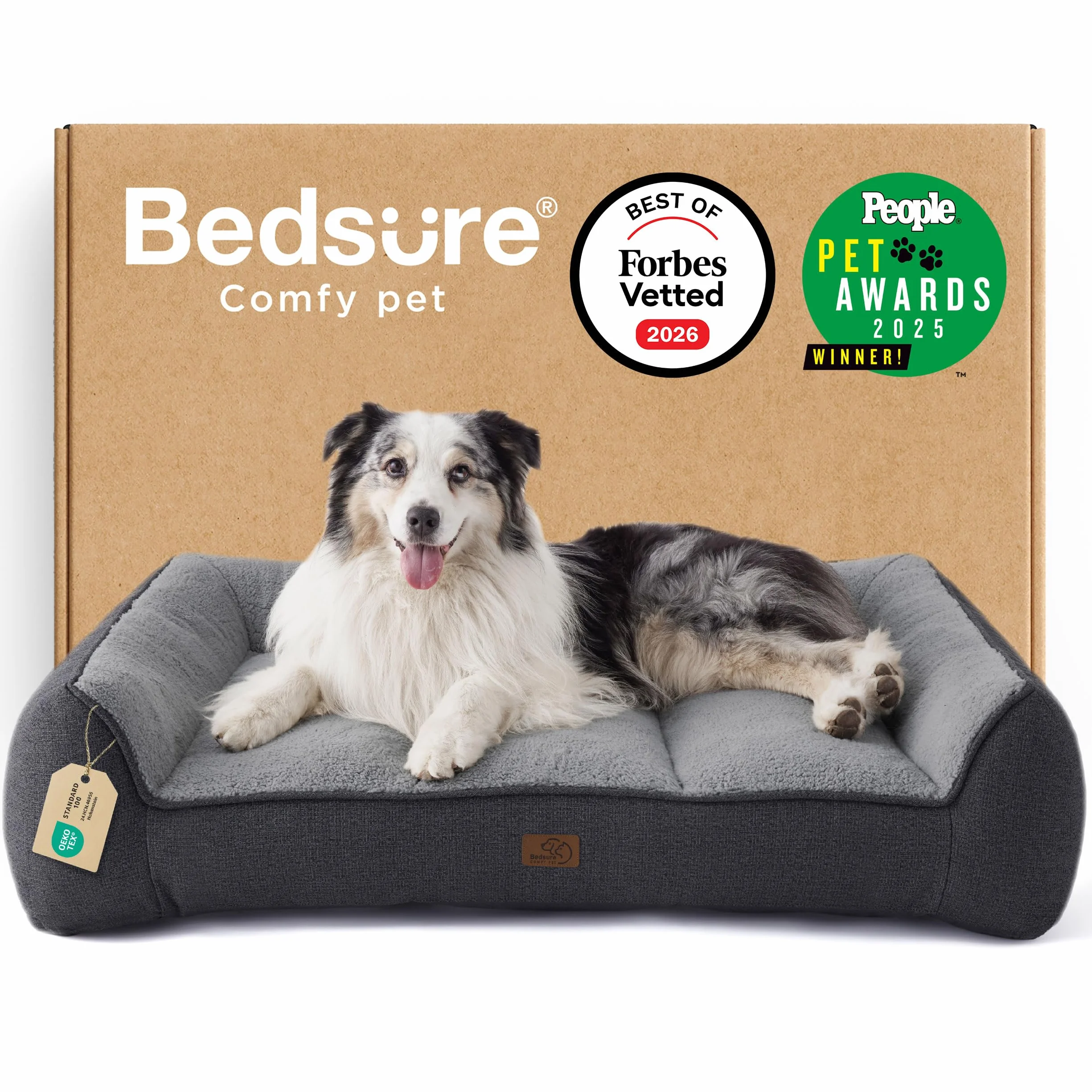 Bedsure Cama Lavable Perros Grandes - 106x76cm Sofá para Perro Extra Grueso y de Soporte con Funda Impermeable, Cama Antideslizante de Peluche Sherpa Suave, Gris Oscuro