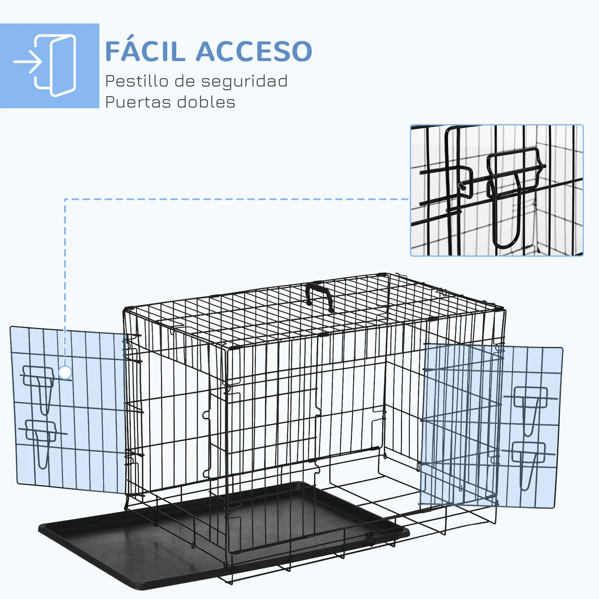 PawHut Jaula para Perros Plegable Transportín para Perros con 2 Puertas Bandeja Extraíble y Asa de Transporte 76x46x52 cm Negro