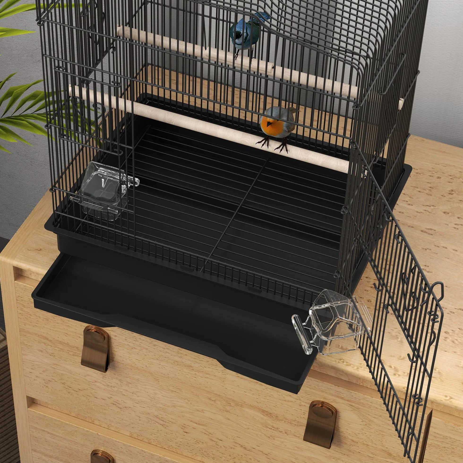 PawHut Jaula para Pájaros, Jaula de Acero para Pájaros con Puertas, 2 Comederos, 2 Perchas, Columpio, Bandeja Extraíble y Asa de Transporte, para Loro, Canario, Periquito, 46,5x36x59 cm, Negro