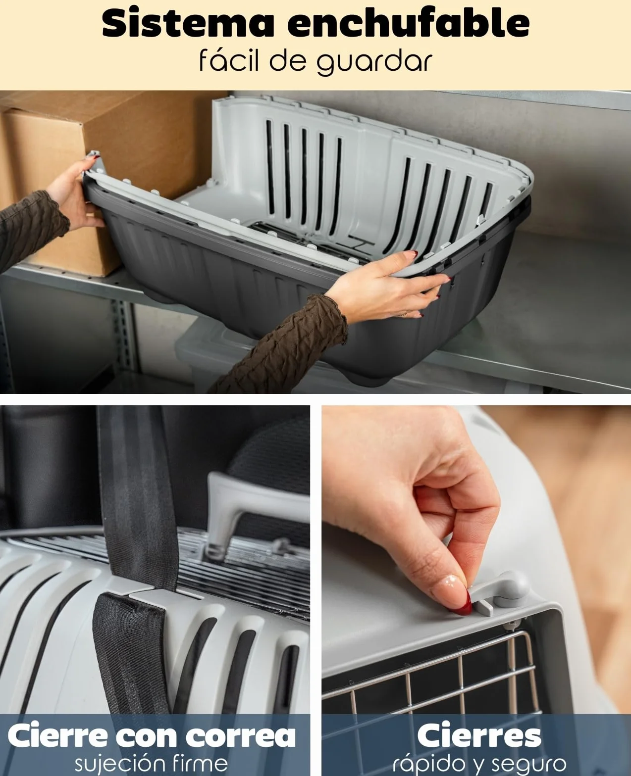 lionto Caja de Transporte 58,5x35,5x40 cm, plástico con Rejilla metálica, con asa y Cierre, para Perros, Gatos y Animales pequeños de hasta 15 kg, Gris