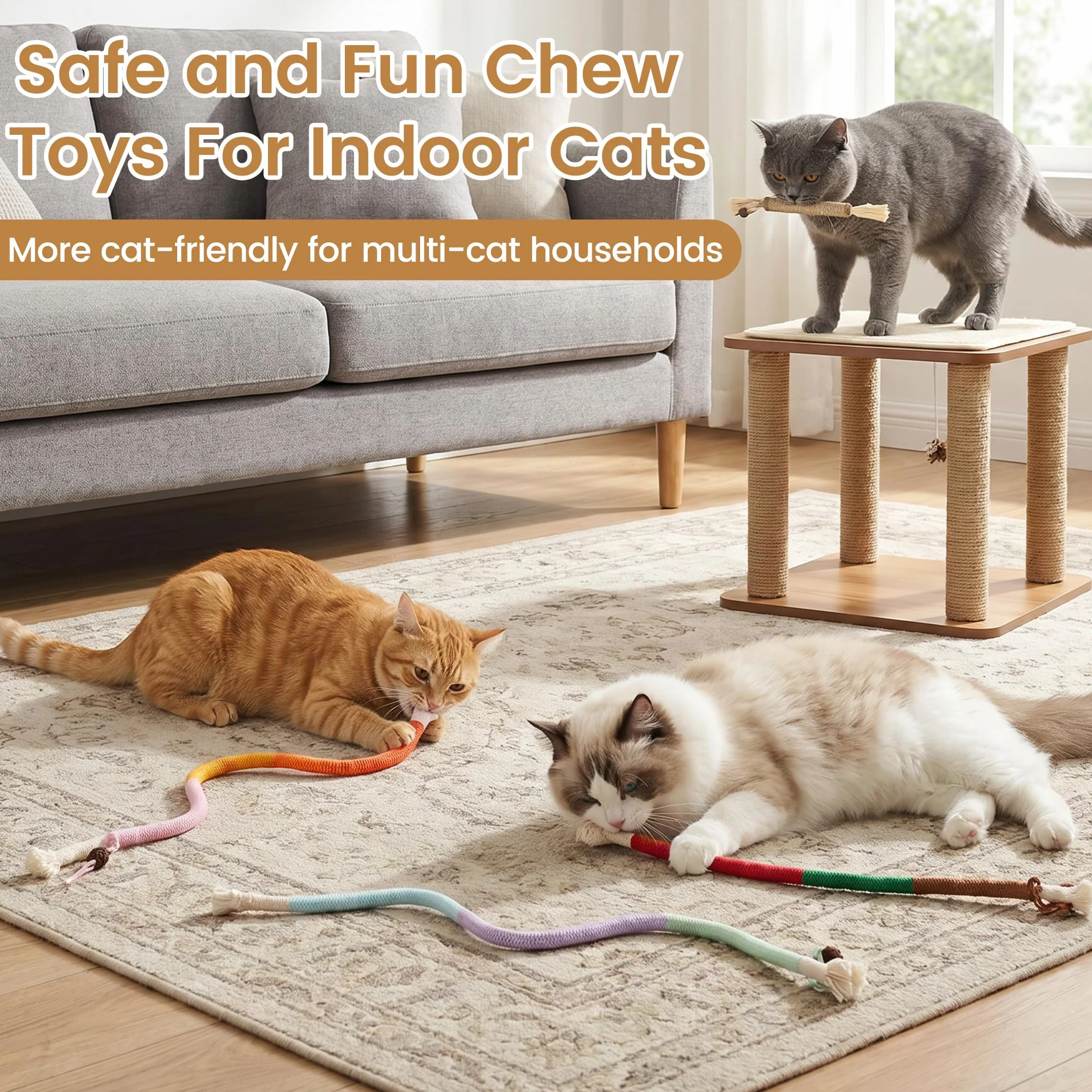Juguetes para gatos, 7 cuerdas masticables para gatos y palos de vid plateada para gatos con hierba gatera natural y vid plateada, juguetes de limpieza segura de dientes para gatitos de
