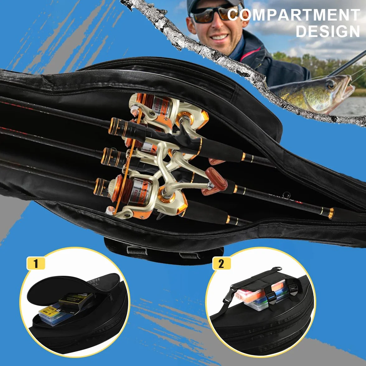 Funda para Cañas de Pescar Impermeable 130 cm, Mochila Pesca con Dos Bolsillos Laterales