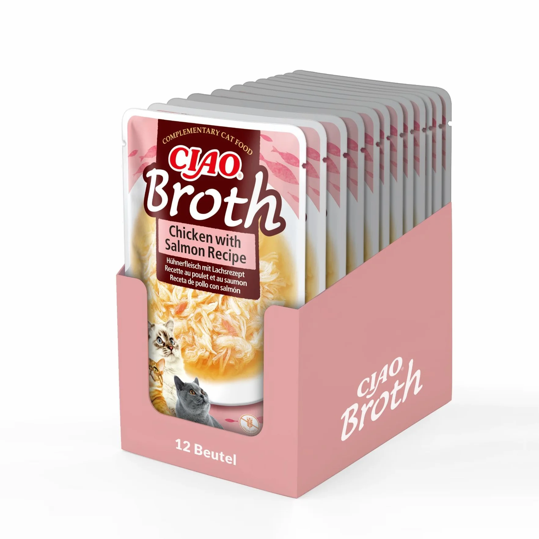 INABA Churu Broth Gatos - Snacks Receta Pollo y Salmón - Premios con Proteínas Animales - Caldo Sin Cereales, Sin Conservantes, Sin Colorantes - Sólo 16Cal - 480g (12 x 40g)