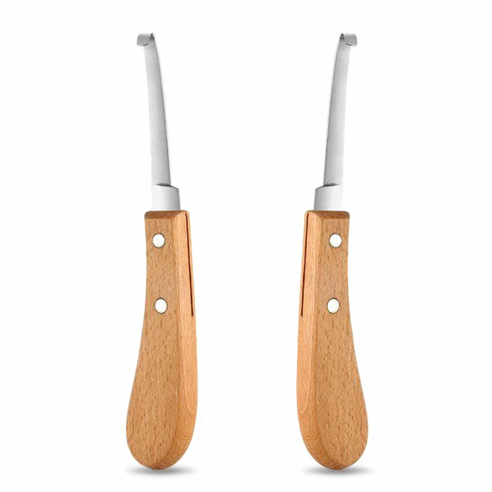 2 piezas Cuchillo para Pezuñas, 21.5 CM Cuidado de Los Cascos Acero Inoxidable Zurdos y Diestros, Herramientas para Recortar Pezuñas con Mango de Madera para Ganado Vacuno, Ovino y Equino