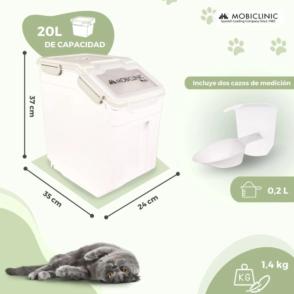 Mobiclinic®, Contenedor Pienso, Pala y Vaso Medidor, Capacidad 20 L/8 Kg, para Mascotas, Cierre Hermético, 23x25,5x36,5cm, con Ruedas, Ventana Transparente, Preservación de Frescor, Feedpet