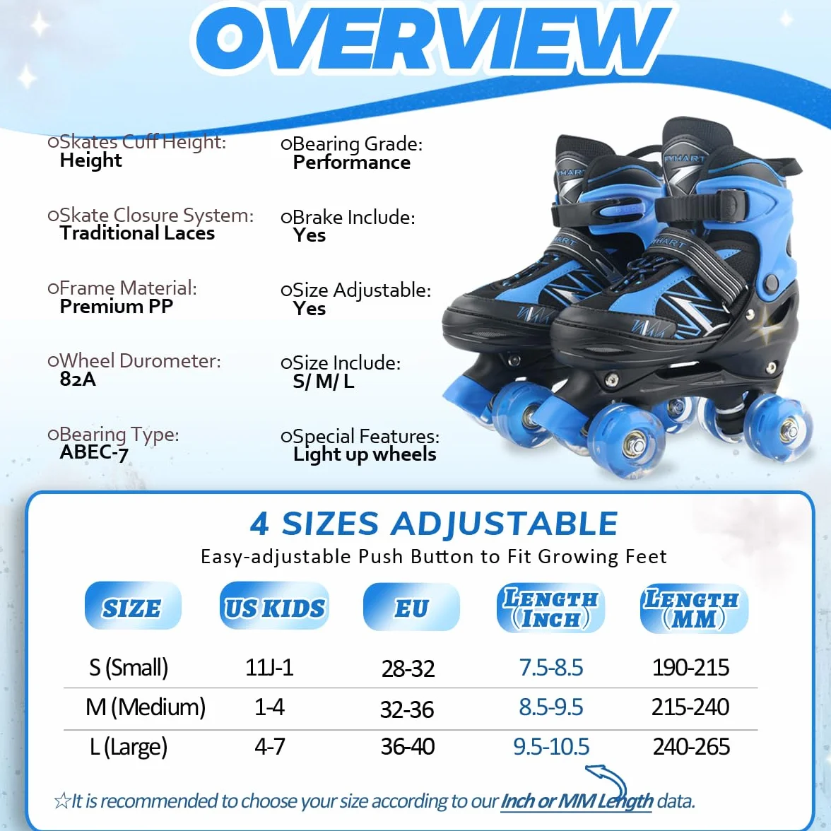 Patines ajustables para niños y niñas con ruedas iluminadas, azul y rojo