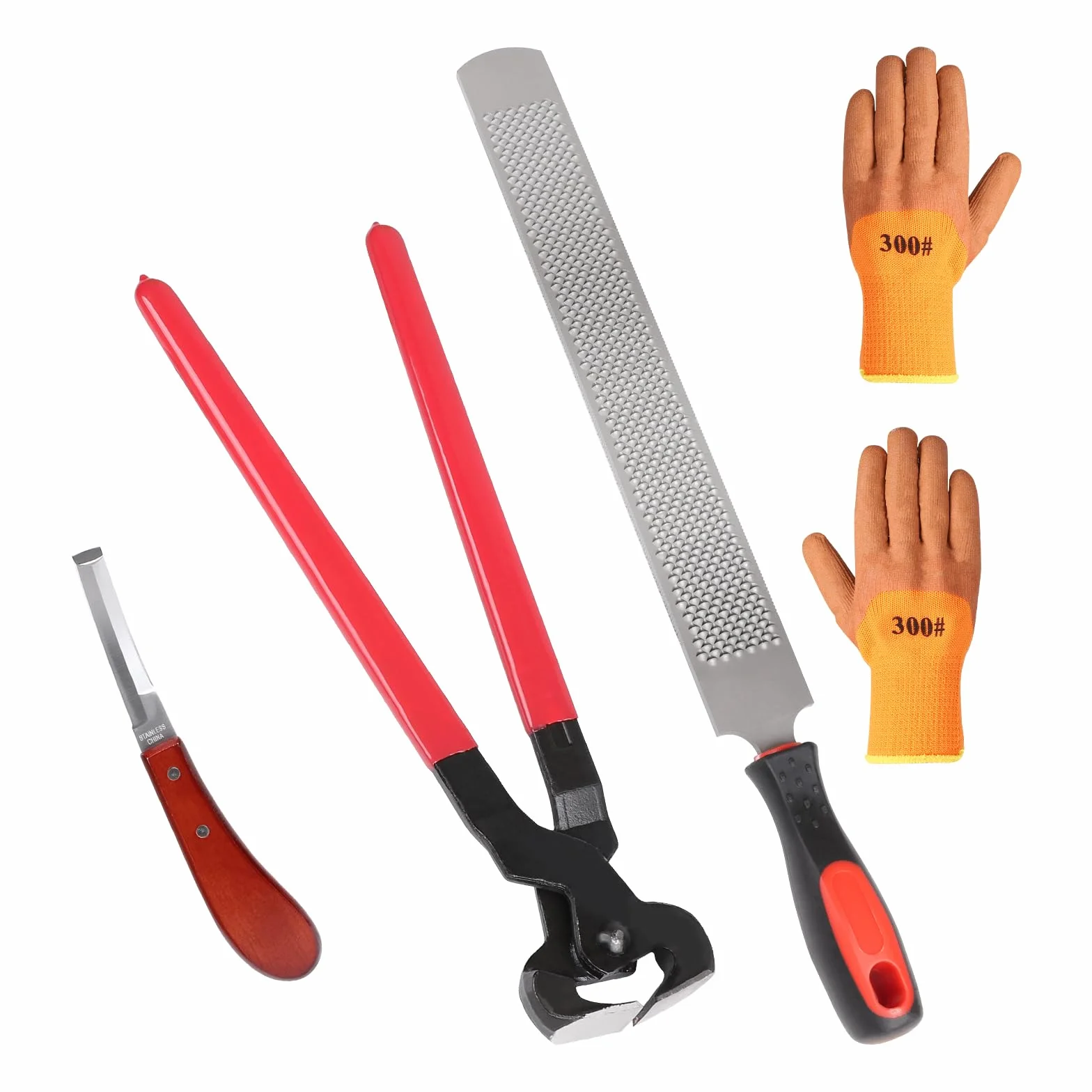 LALAGO Kit de Herramientas Profesionales para Recorte de Casco de Caballo de 4 Piezas, Cuchillo para Casco, Cortador de Casco, Raspador de Casco con Mango de Goma, Guantes