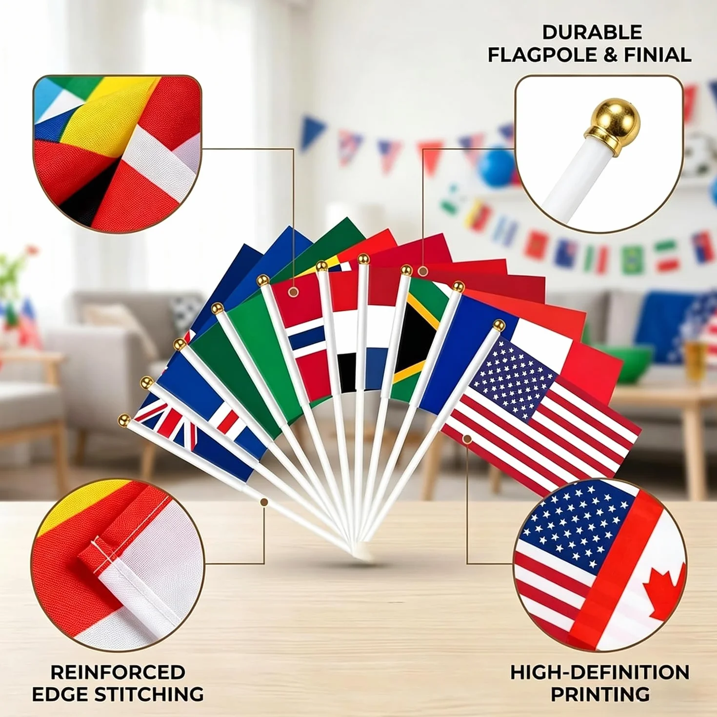 Bandera de Mano 14x21cm Copa del Mundo 2026 Fútbol 48 Países con Palo 30cm