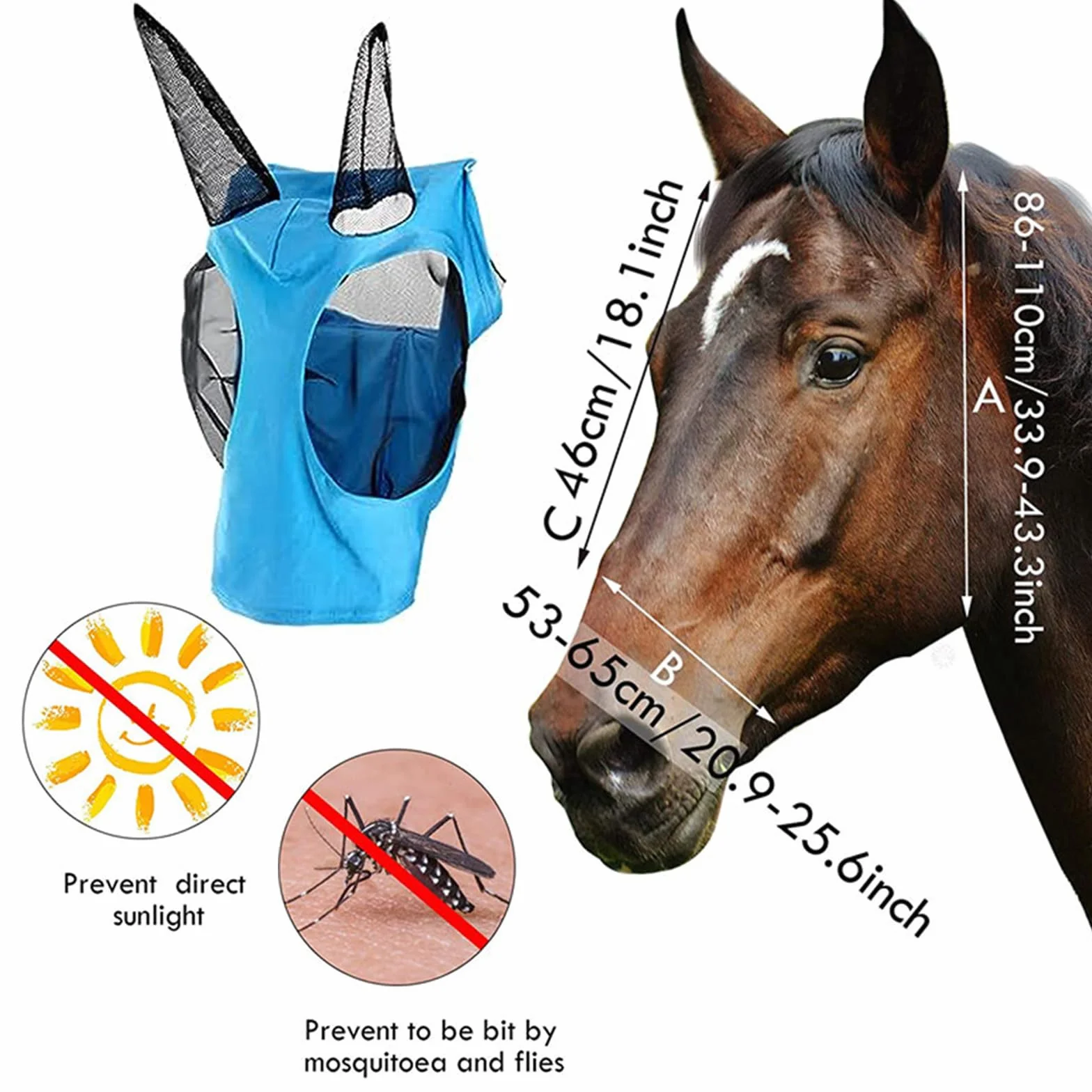 Máscara de Mosca de Caballo, Máscara Antimoscas para Caballo, Máscara de Mosca con Malla Transpirable, Anti-UV, Antimosquitos, Insectos, Máscara de Freno Elástica (Azul)