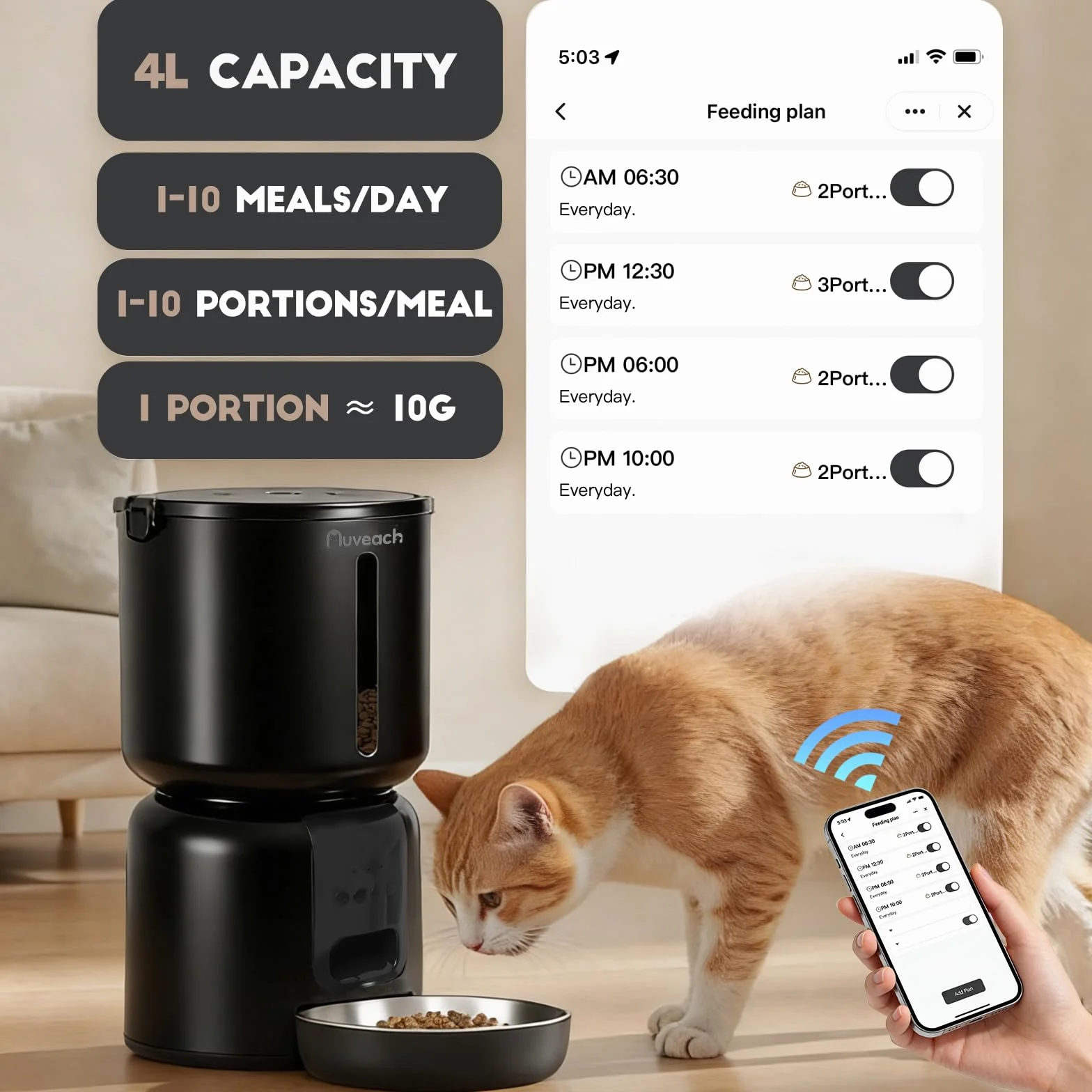 Comedero Gato Automatico y Fuente para Gatos Set - 4L WiFi 2.4G Dispensador de Comida para Gatos Perros con Temporizador Programable, 1-10 Comidas al Día, Cuenco de Acero Inoxidable (Negro)