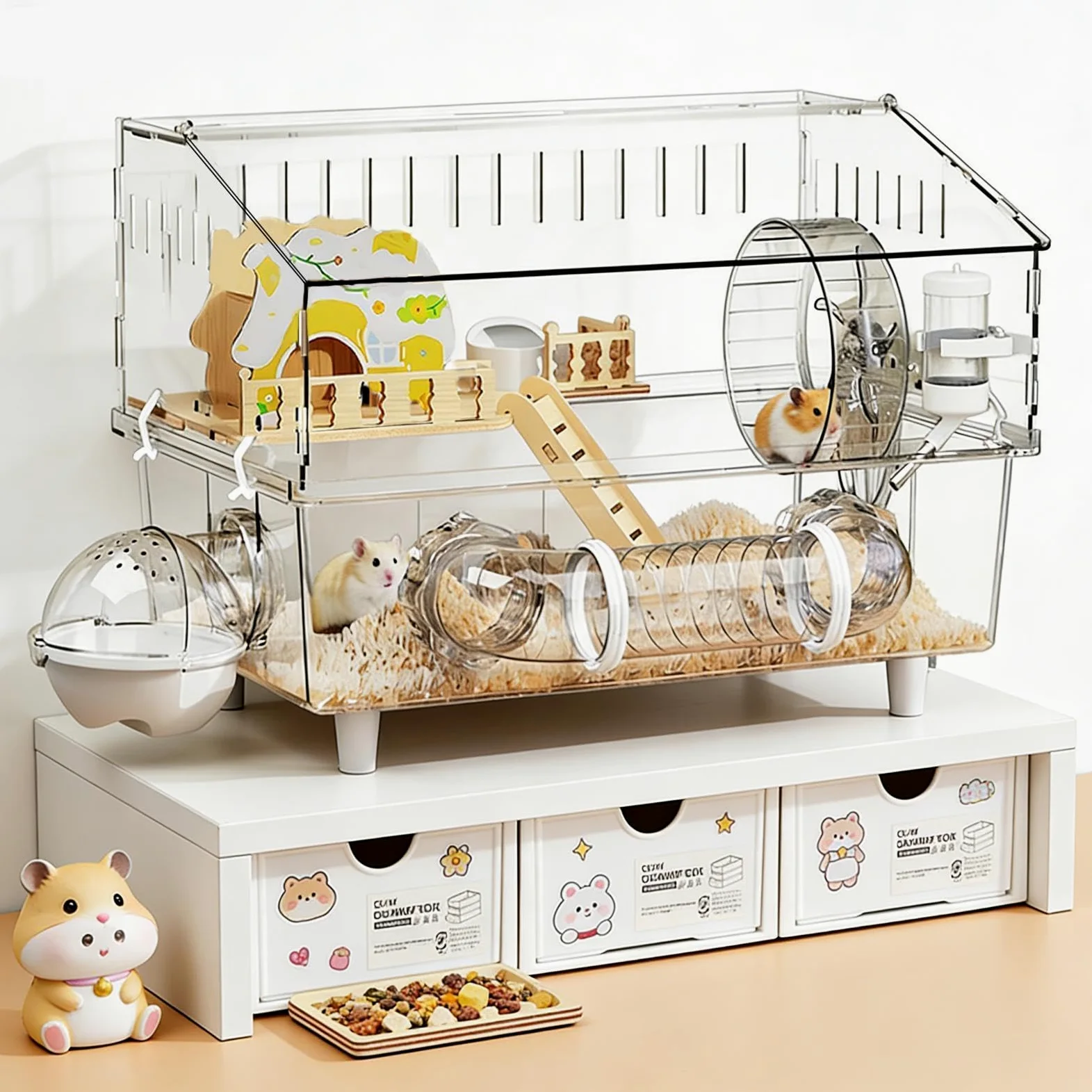 Jaula para Hámster Casa Transparente de 2 Niveles para Chinchilla | Jaula para Hámster Enano para Observación de Animales Pequeños en Interiores y Exteriores