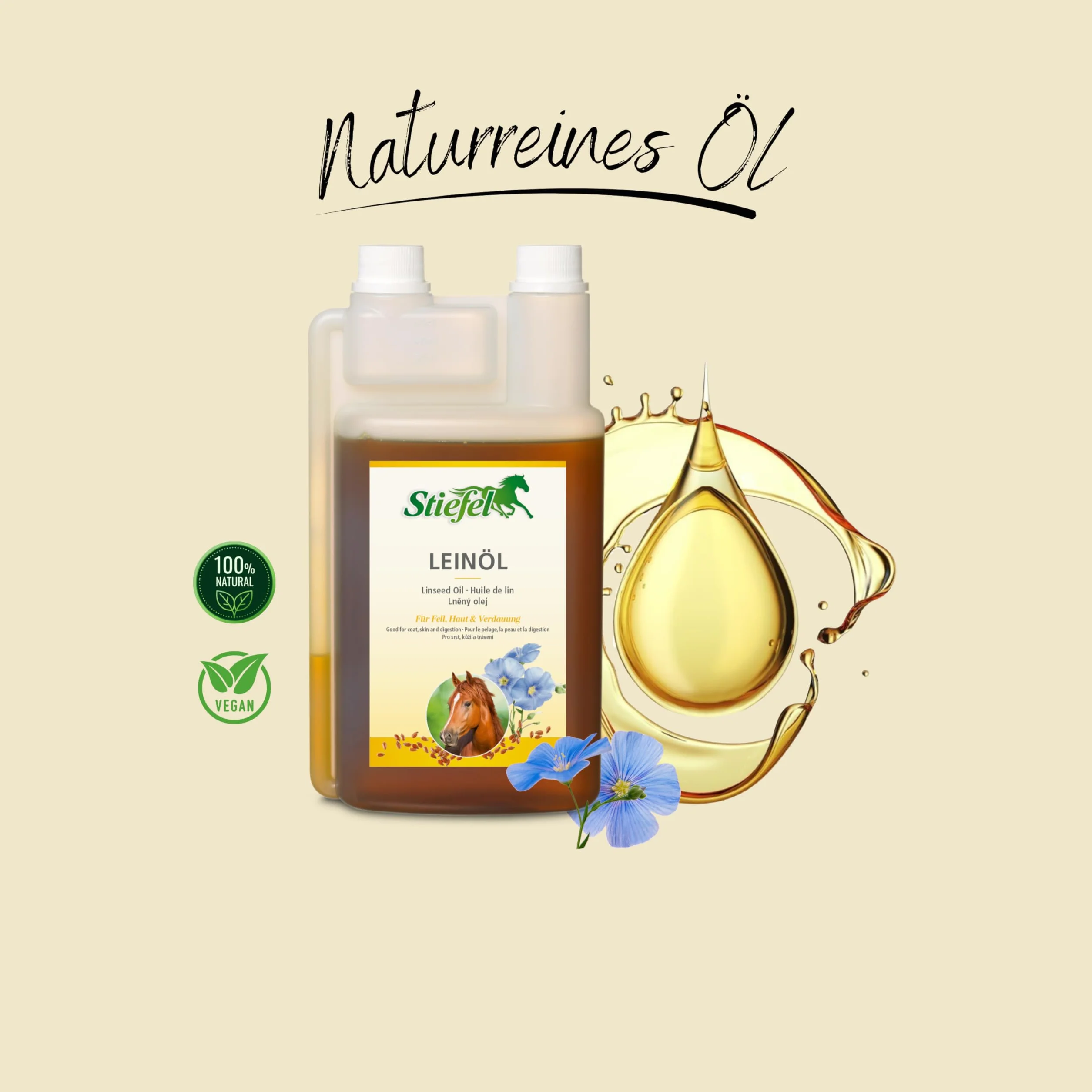 Stiefel Aceite de linaza para Caballos, 100% Natural, prensado en frío, favorece el Cambio de Pelaje, la digestión y la Piel, líquido con Botella dosificadora, 1 l