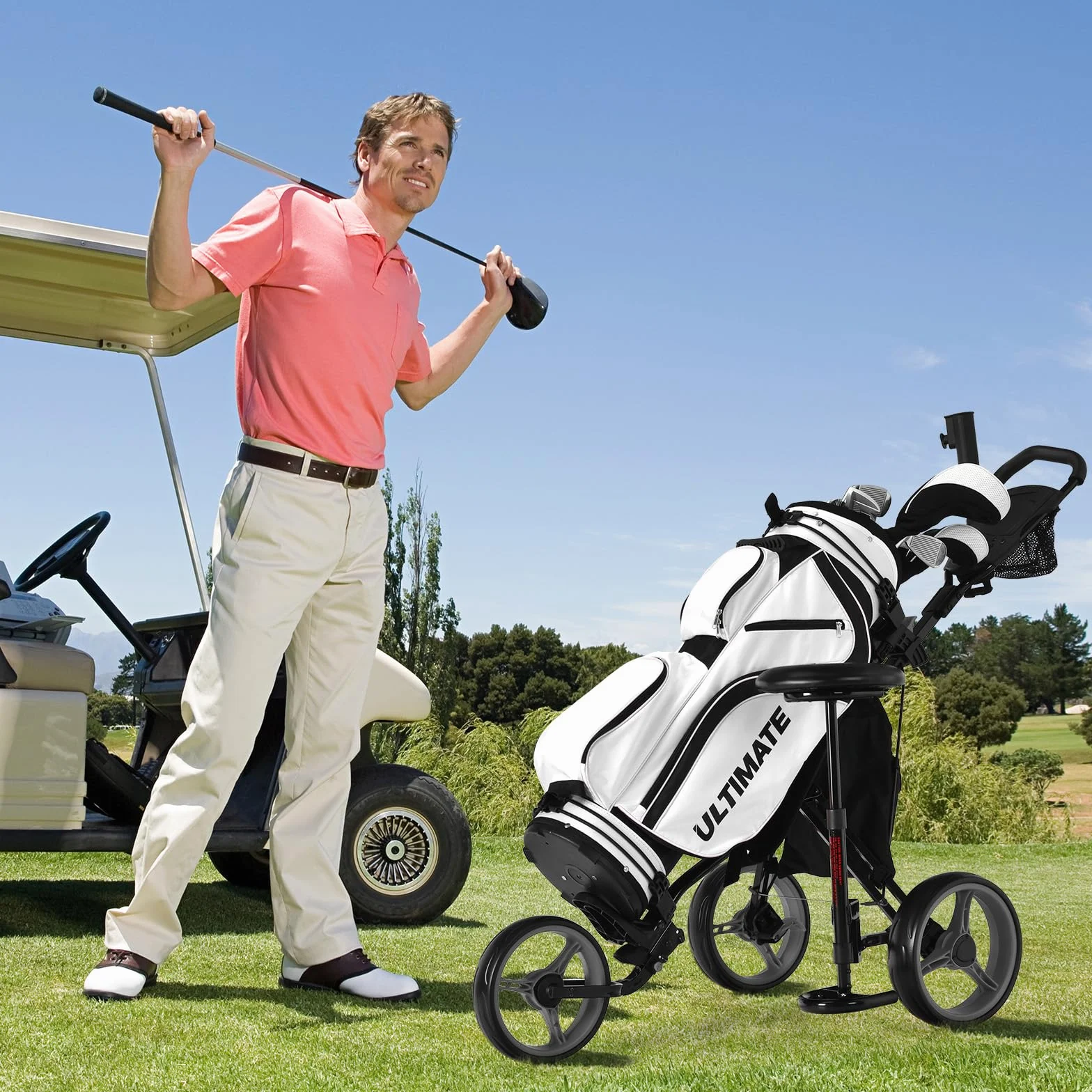 GYMAX Carro de Golf Plegable 3 Ruedas con Altura Ajustable y Portabebidas