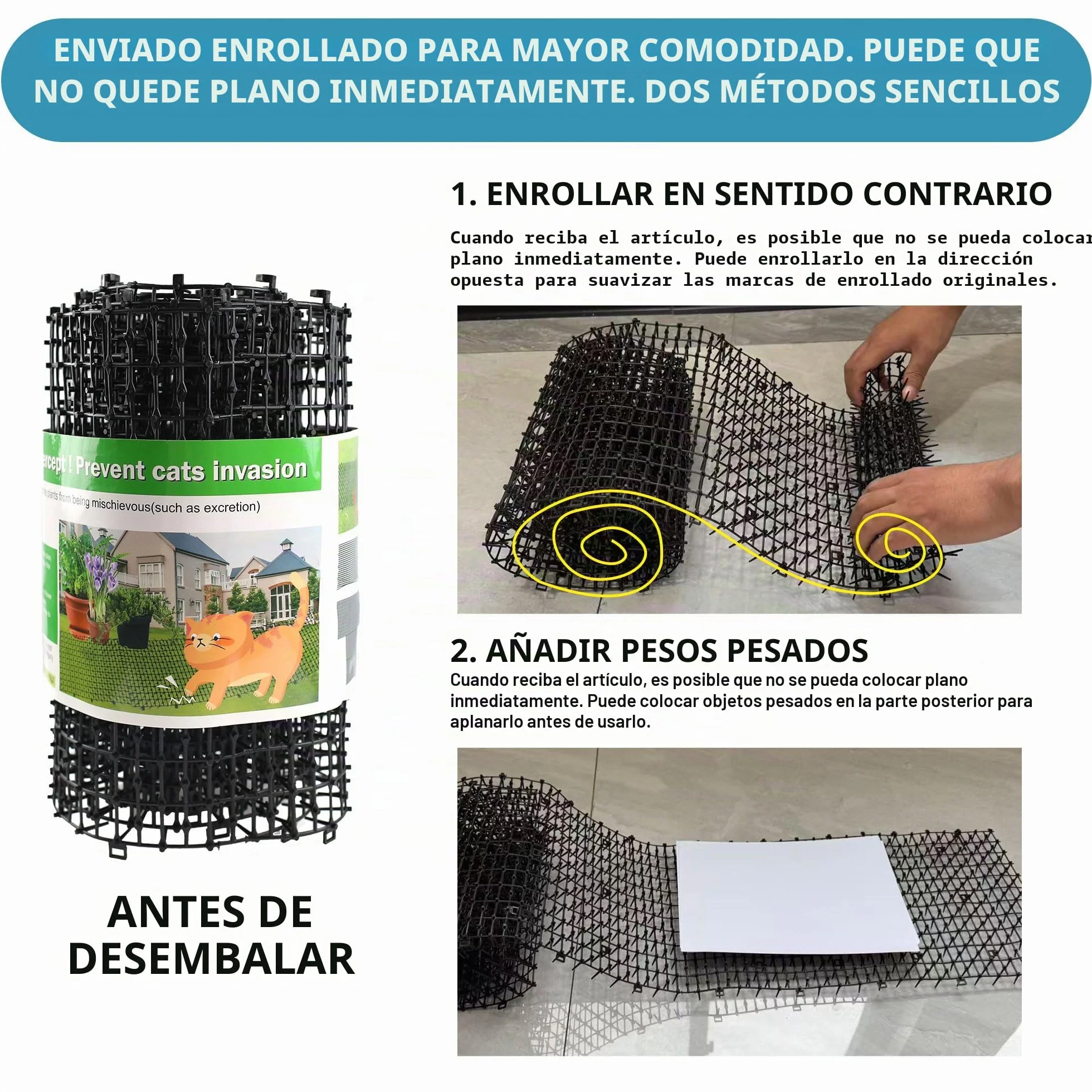 Alfombrilla Repelente de Mascotas, Blanca, 1,98 m con 8 Estacas para el Suelo 8 Bridas, Alfombrilla Repelente de Gatos con Púas Suaves para Jardín/Patio Trasero, Alfombrilla Disuasoria de