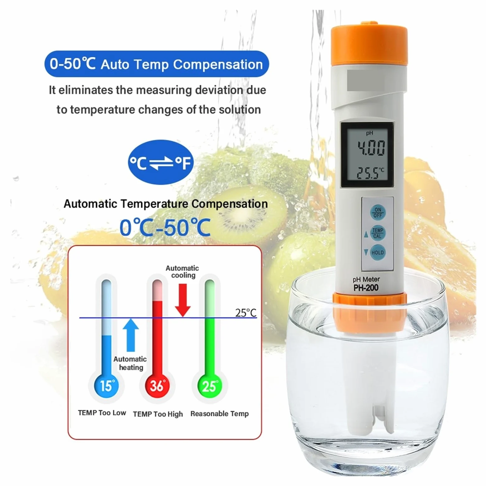 Medidor digital de TDS, EC, temperatura y pH, ±0,1, alta precisión, probador de calidad del agua, resistente al agua, for acuarios y piscinas.(Oranje)
