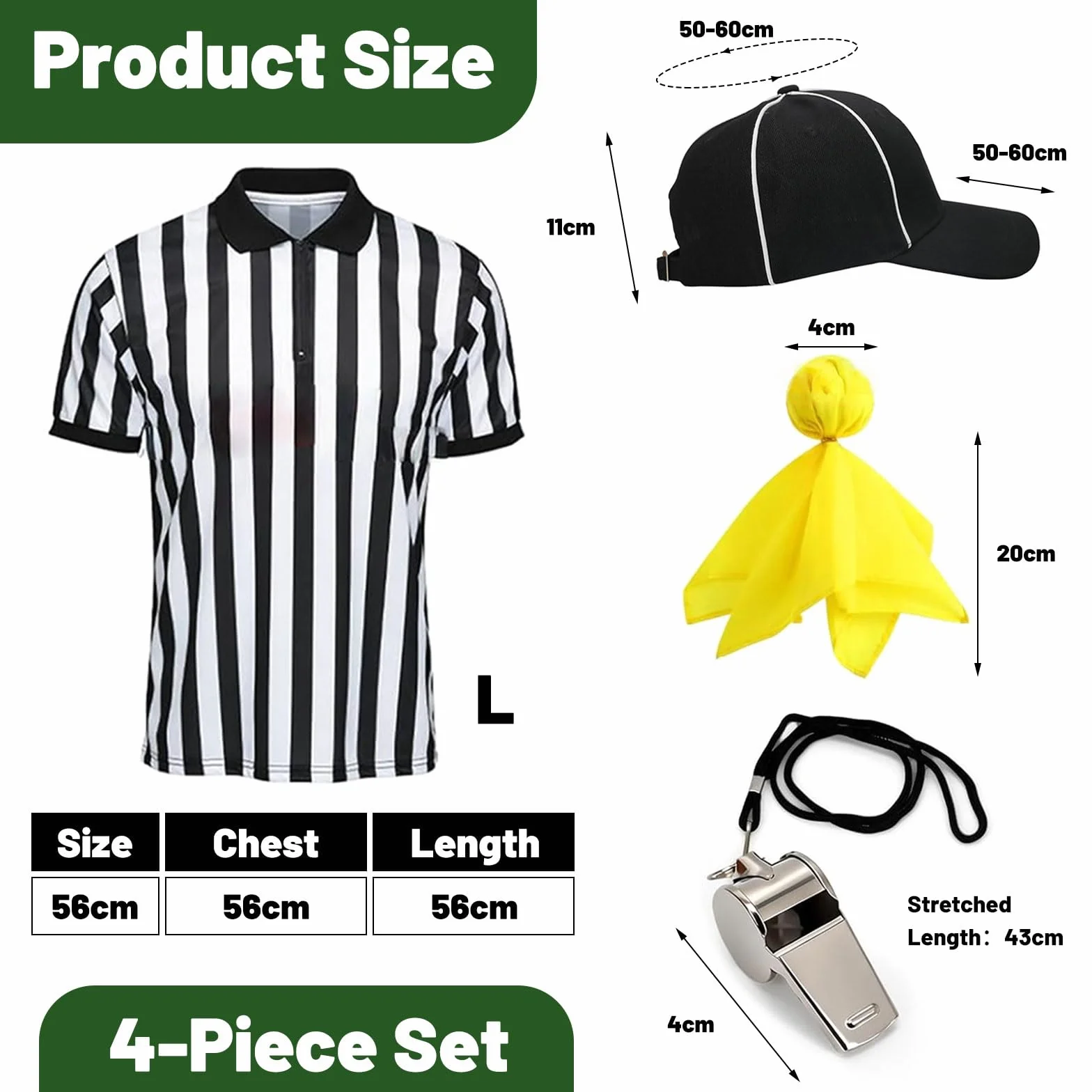 Conjunto de Uniforme de Árbitro 4 Piezas con Cuello Cremallera, Silbato, Sombrero y Bandera para Fútbol