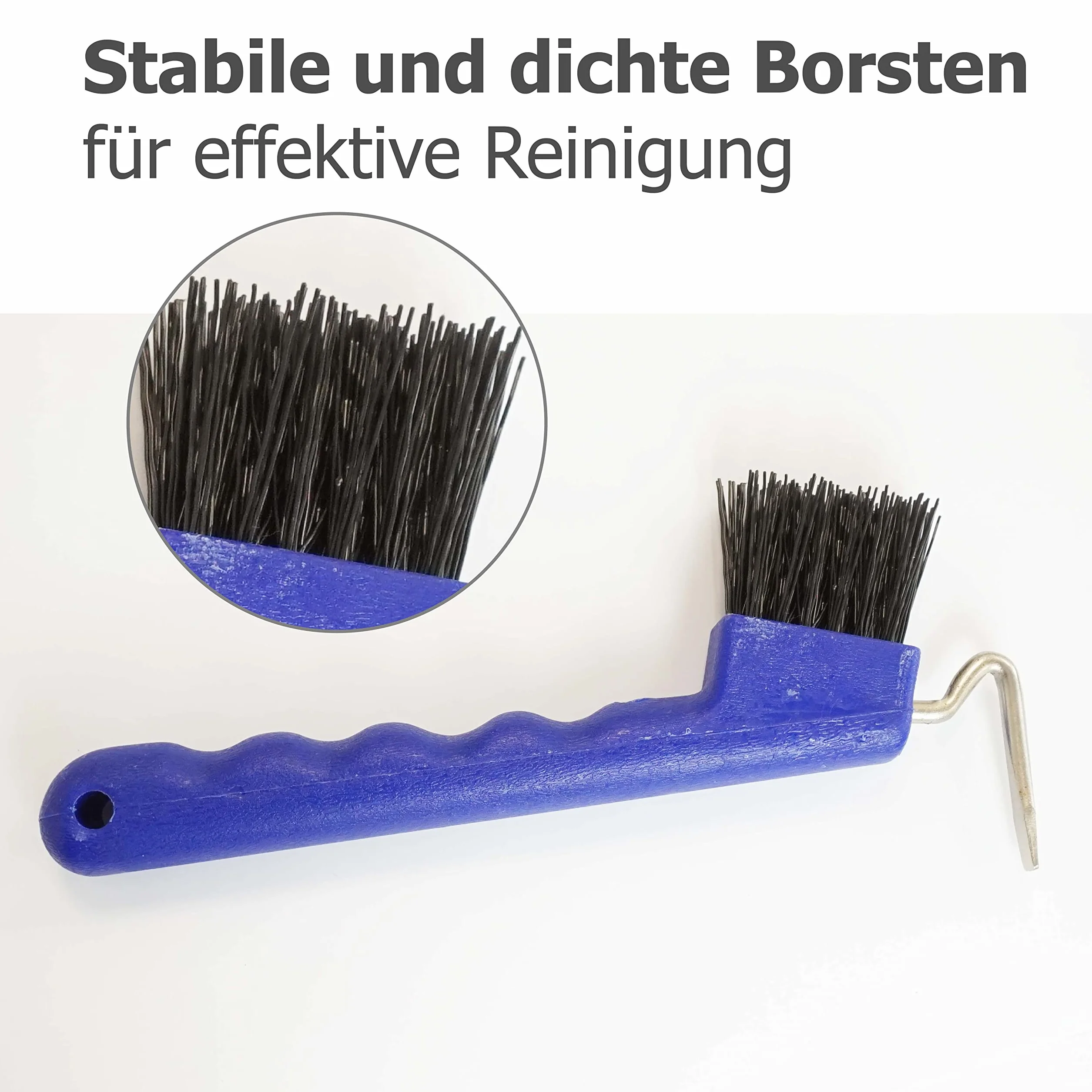 Pferdelinis Rascador de pezuñas para caballos, burros, cabras, pezuñas con cepillo extra estable y mango ergonómico (azul)