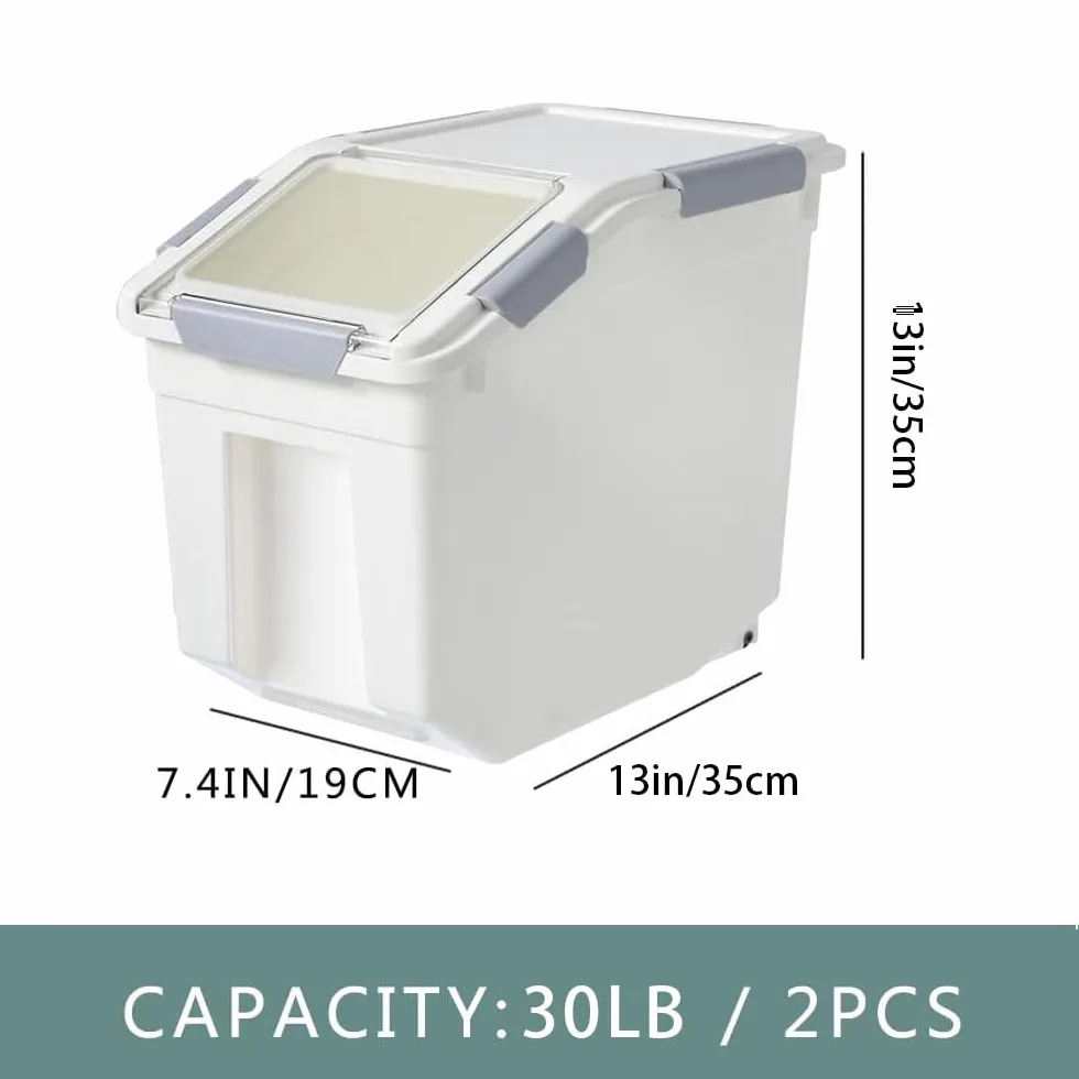Paquete de 2 recipientes de almacenamiento de alimentos de 30 libras con cuchara, contenedores herméticos de almacenamiento de arroz, contenedores de harina, dispensador de alimentos para mascotas con