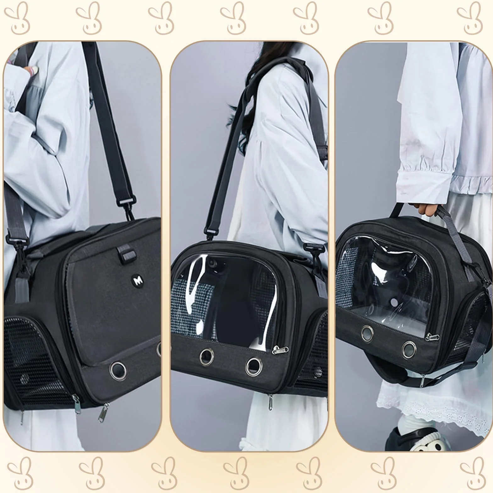 Bolsa de Transporte de Animales pequeños, 35 * 25 * 23cm Bolsa de Viaje saliente para Mascotas, Portador de Conejillos de Indias portátil con Malla Transpirable para pájaro, Rata,Negro