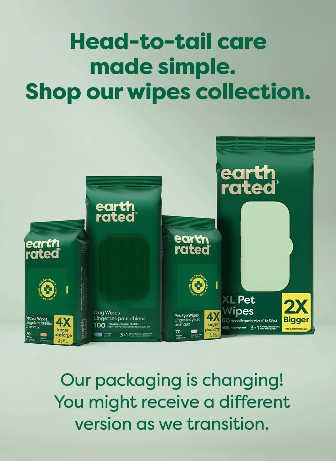 Earth Rated Toallitas hipoalergénicas para Perros, para Limpiar y Eliminar olores de Patas, Cuerpo y Trasero, Cachorros y Perros Adultos, Aroma a Lavanda, 100 Unidades