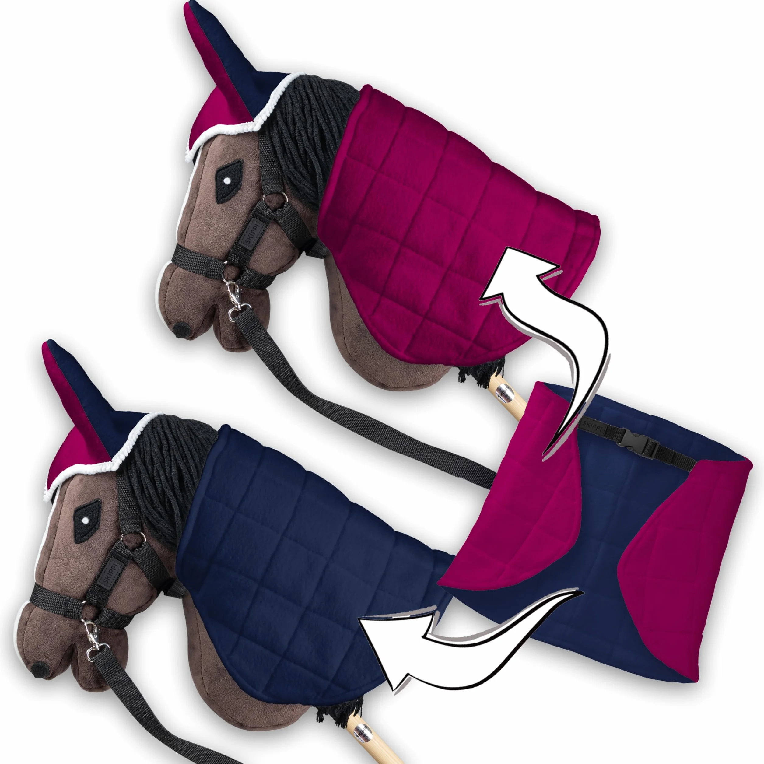 SKIPPI Manta y Orejeras para Caballo Hobby Horse – Fucsia y Azul Marino, Hobby Horse Accesorios, Manta Reversible y Orejeras Antimoscas para Caballo de Palo, Hobby Horsing