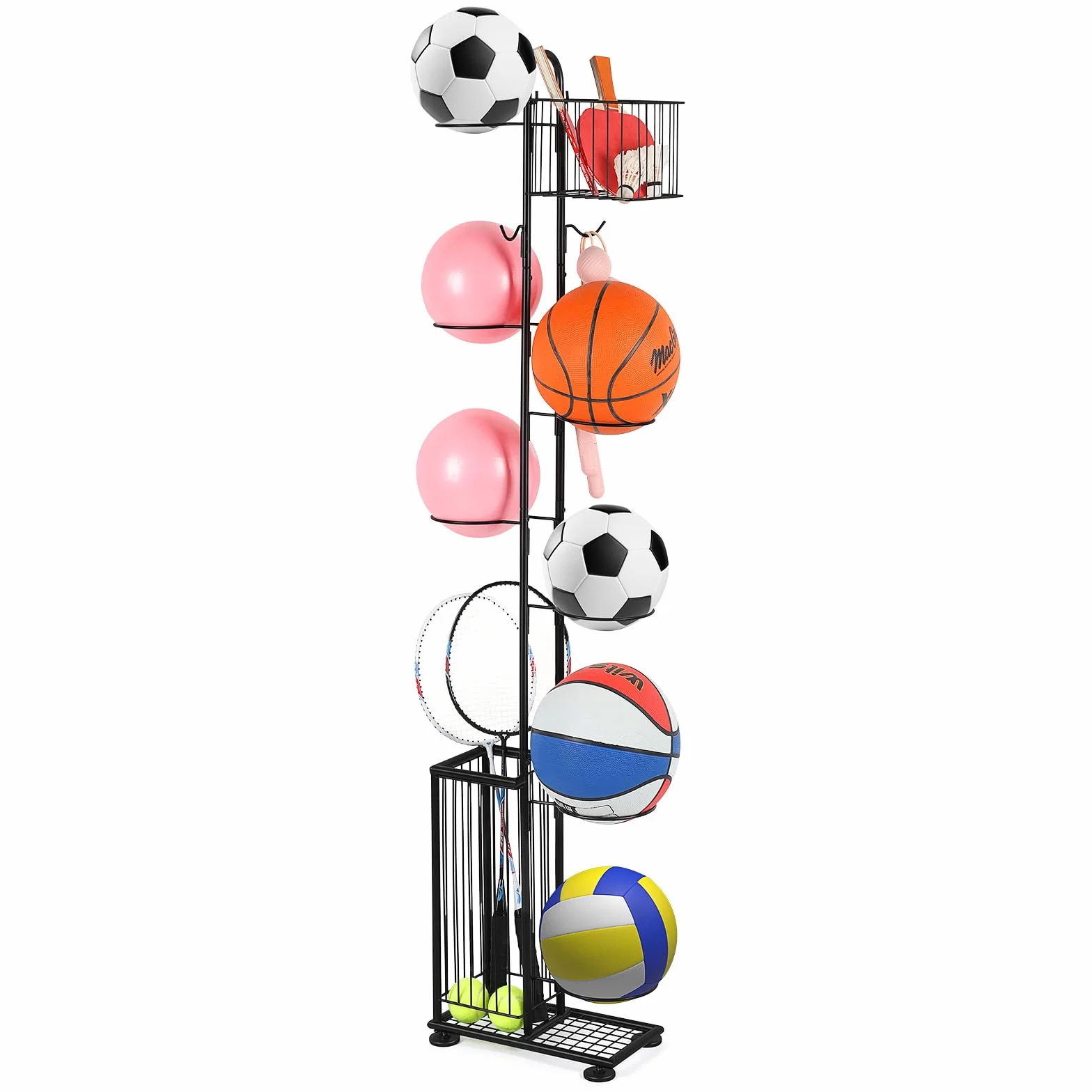 Soporte para bolas 7 niveles, estantería de almacenamiento vertical para baloncesto, fútbol, rugby, voleibol, fútbol (Negro)