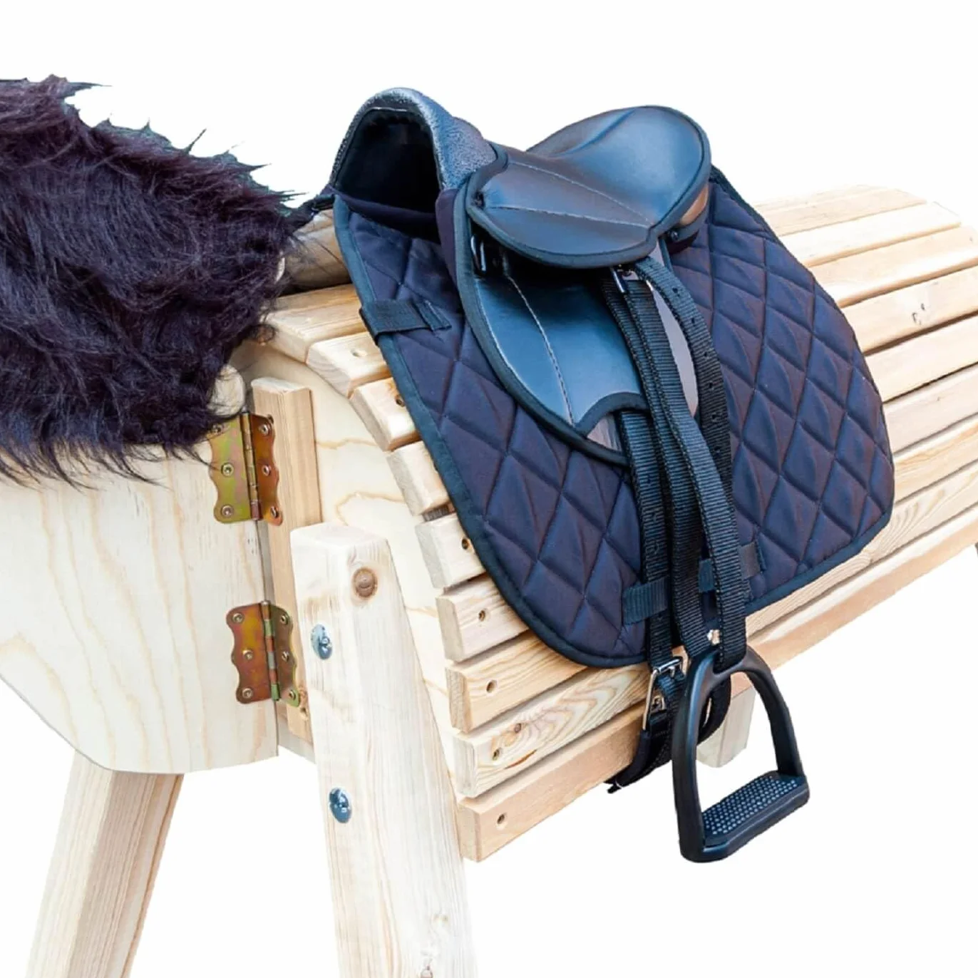 Brama West - Conjunto de silla de montar para caballo de madera "My Happy Pony" | Silla de montar para shetty, caballo de madera y caballo de peluche | con sudadero, cincha, estribos y aciones (Negro)