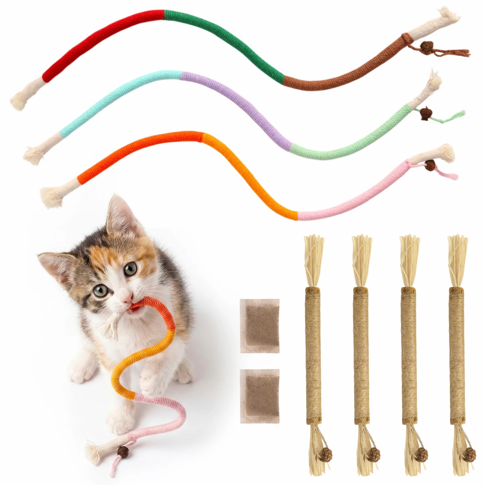 Juguetes para gatos, 7 cuerdas masticables para gatos y palos de vid plateada para gatos con hierba gatera natural y vid plateada, juguetes de limpieza segura de dientes para gatitos de