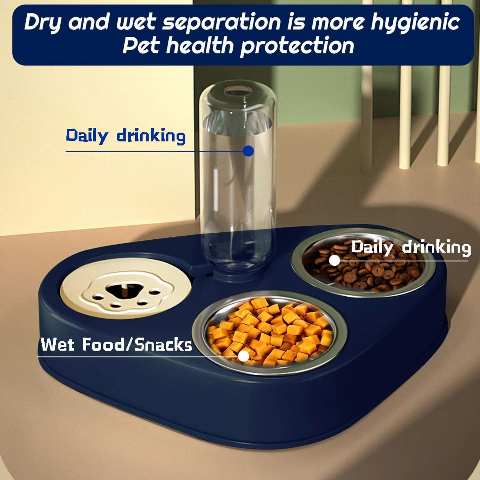 comederos para Mascotas, Comedero for Gatos de Acero Inoxidable 3 en 1, Doble, con depósito automático de Agua for Perros y Gatos.(Blue)