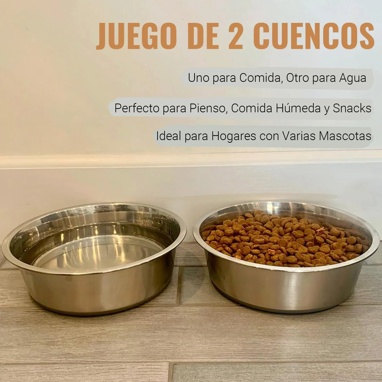 PEGGY11 Cuencos de Acero Inoxidable para Perros y Gatos, Antideslizantes, Parte Inferior de Goma, Grado Alimenticio, Sin BPA, Aptos para Lavavajillas, Fáciles de Limpiar, 480 ml, 2 Paquetes