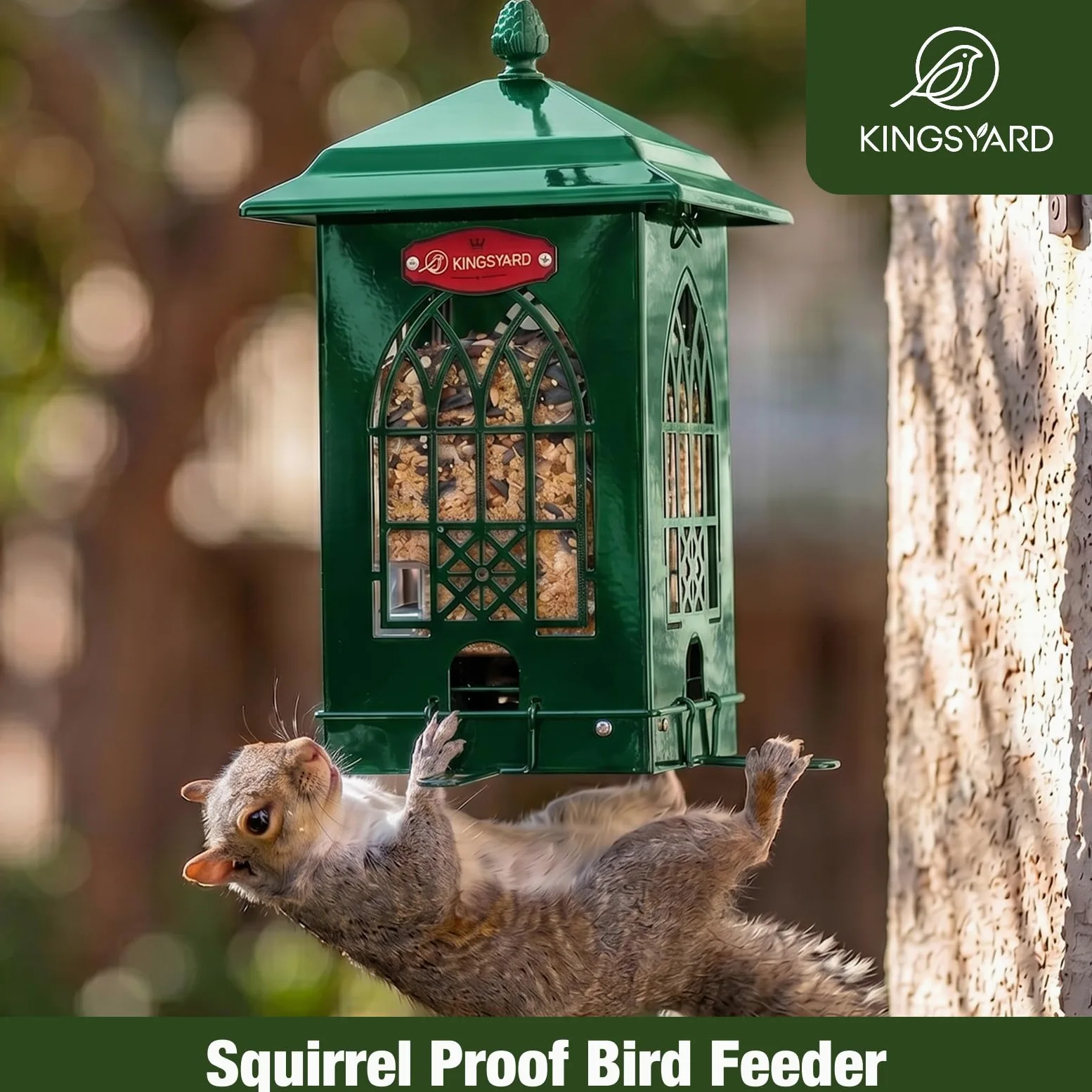 Kingsyard Comedero para pájaros a prueba de ardillas para exteriores con perchas activadas por peso, capacidad de 5 libras, comedero de metal grande para pájaros silvestres pequeños, pinzón cardenal