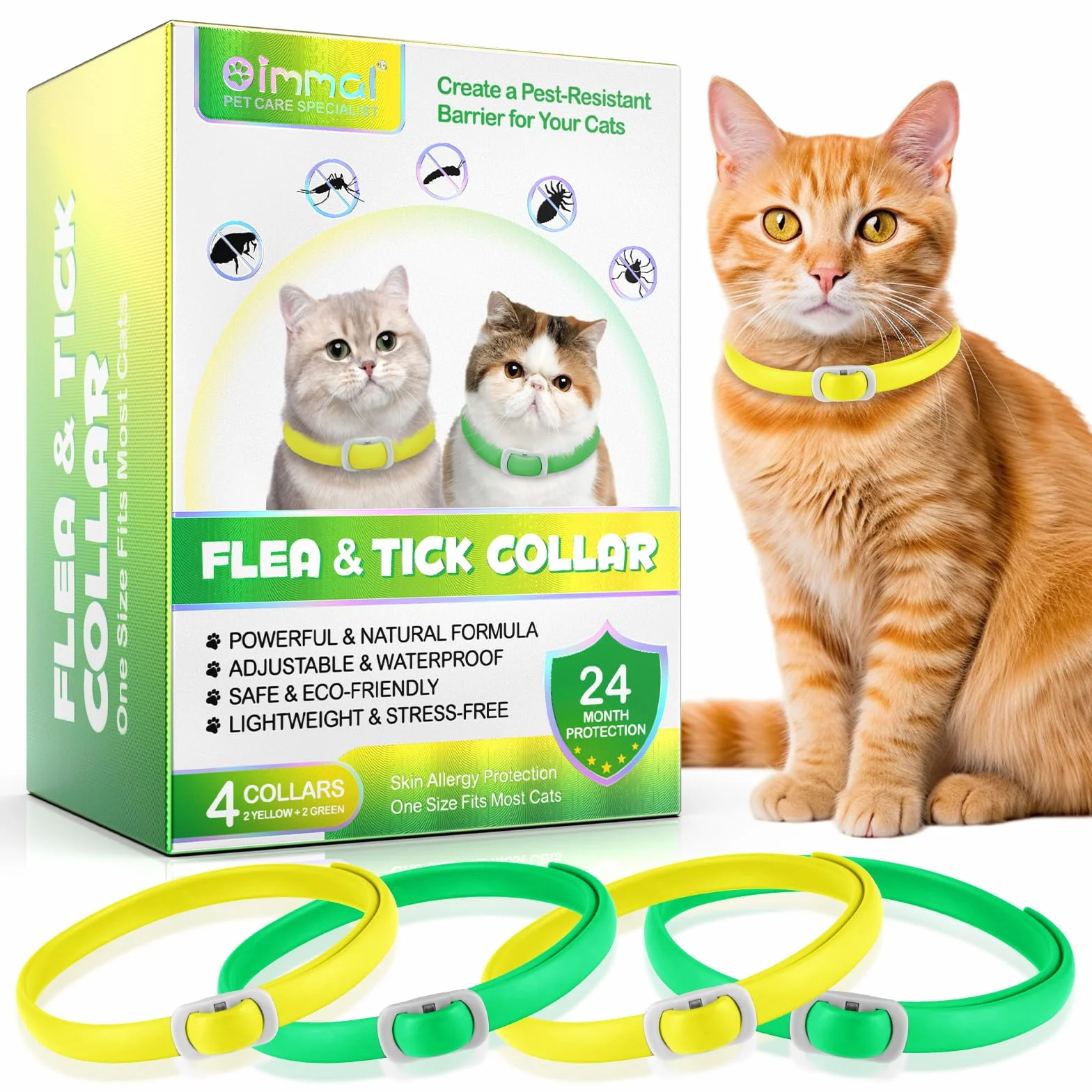 Collar De Gato, Collar De Gato De 4 Piezas, Control Seguro Y Eficaz De Pulgas Y Garrapatas, Diseño Impermeable Y Extraíble para Proteger A Todos Los Gatos Durante 24 Meses