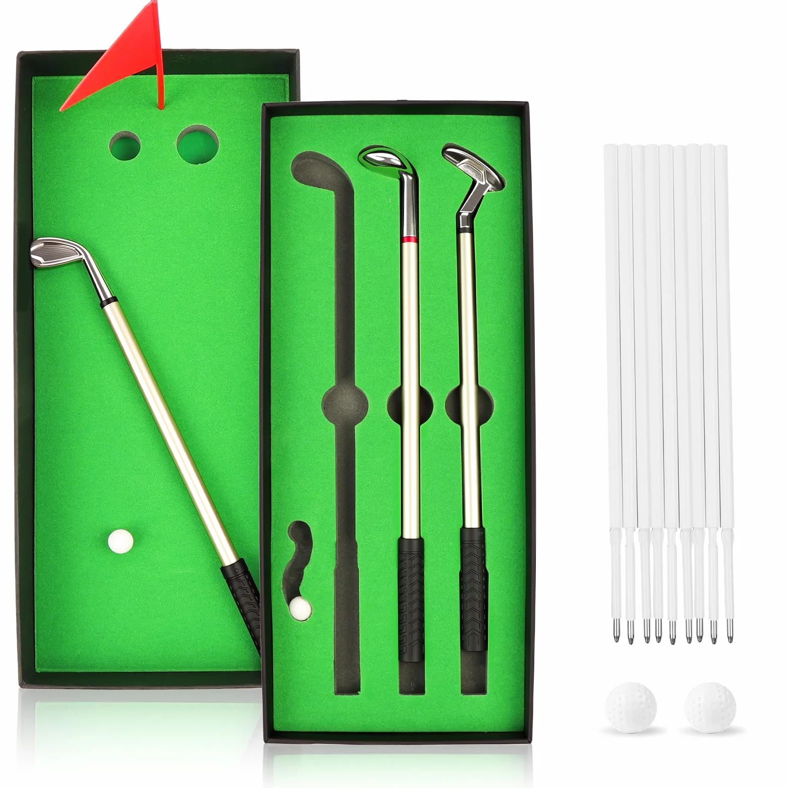 Golf Pen Set with Flag, Mini Golf Club Pen, 3 Pen Holders, 4 Balls, 9 Refills