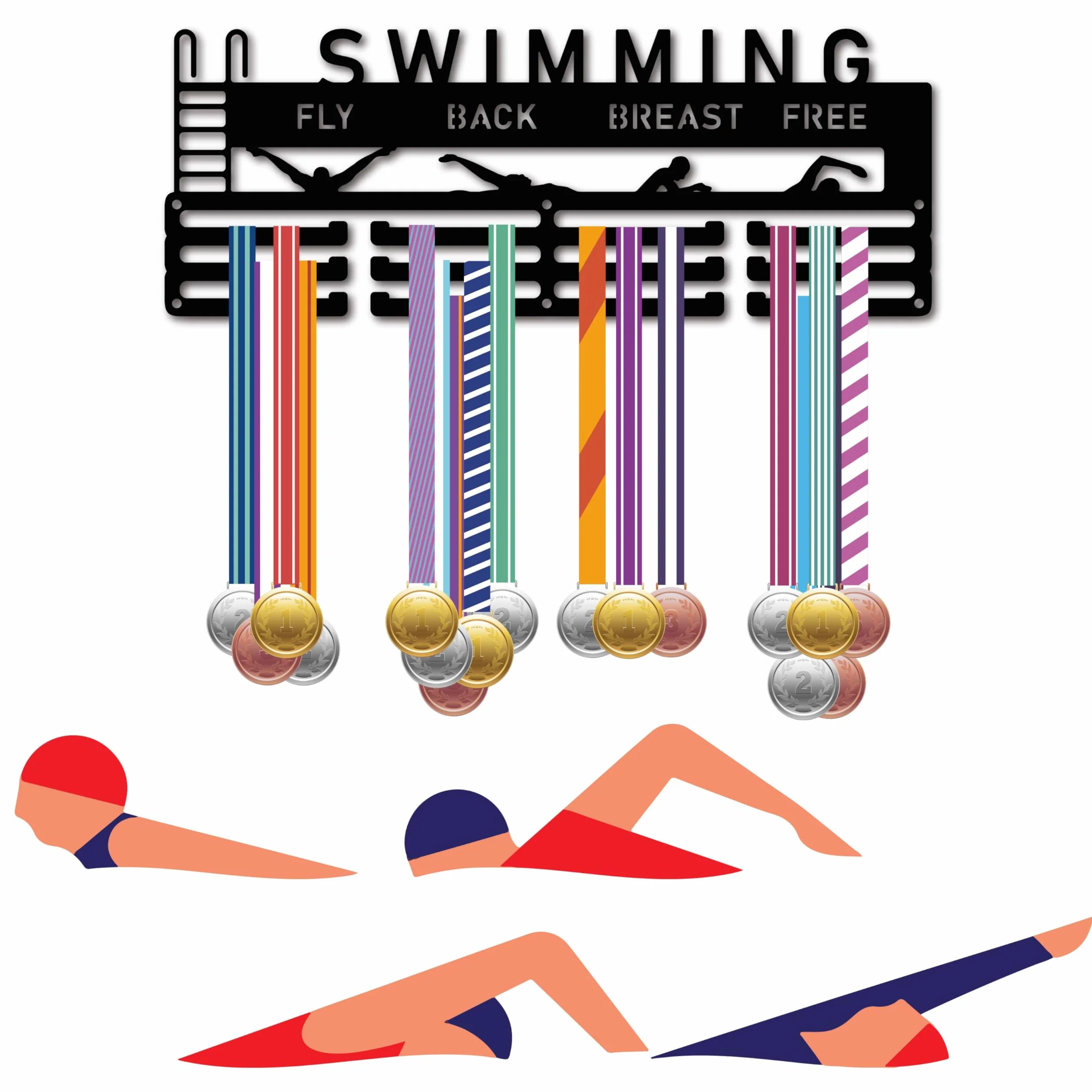 CREATCABIN Colgador para Medallas Natación, Organizador Medallas Hierro Y Metal Negro, Marco para Colgar sobre 60 Medalla, 40x15cm