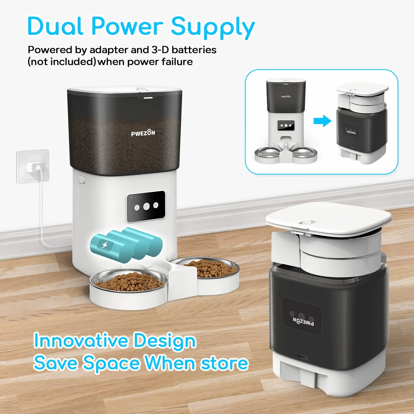 6L Comederos Automáticos para Gatos y Perros con Dos Tazones, PWEZON Inteligente WiFi Dispensador de Alimentación Automático para Dos Mascotas, Temporizador, Control de Porciones, Grabadora de Voz