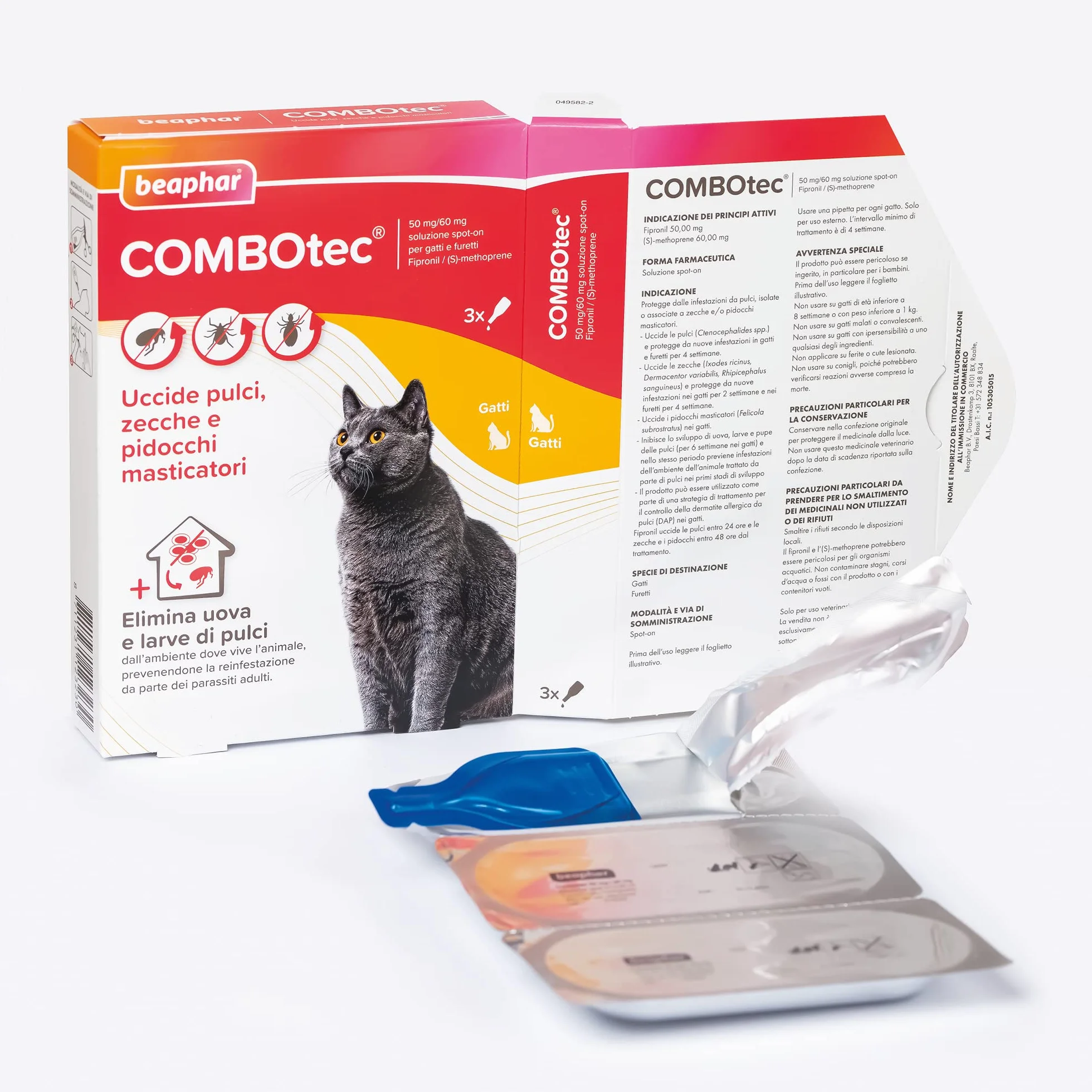 Beaphar Combotec - Antiparasitario para gatos, protege de pulgas, garrapatas, huevos, larvas y también la casa – en paquete de 3 pipetas