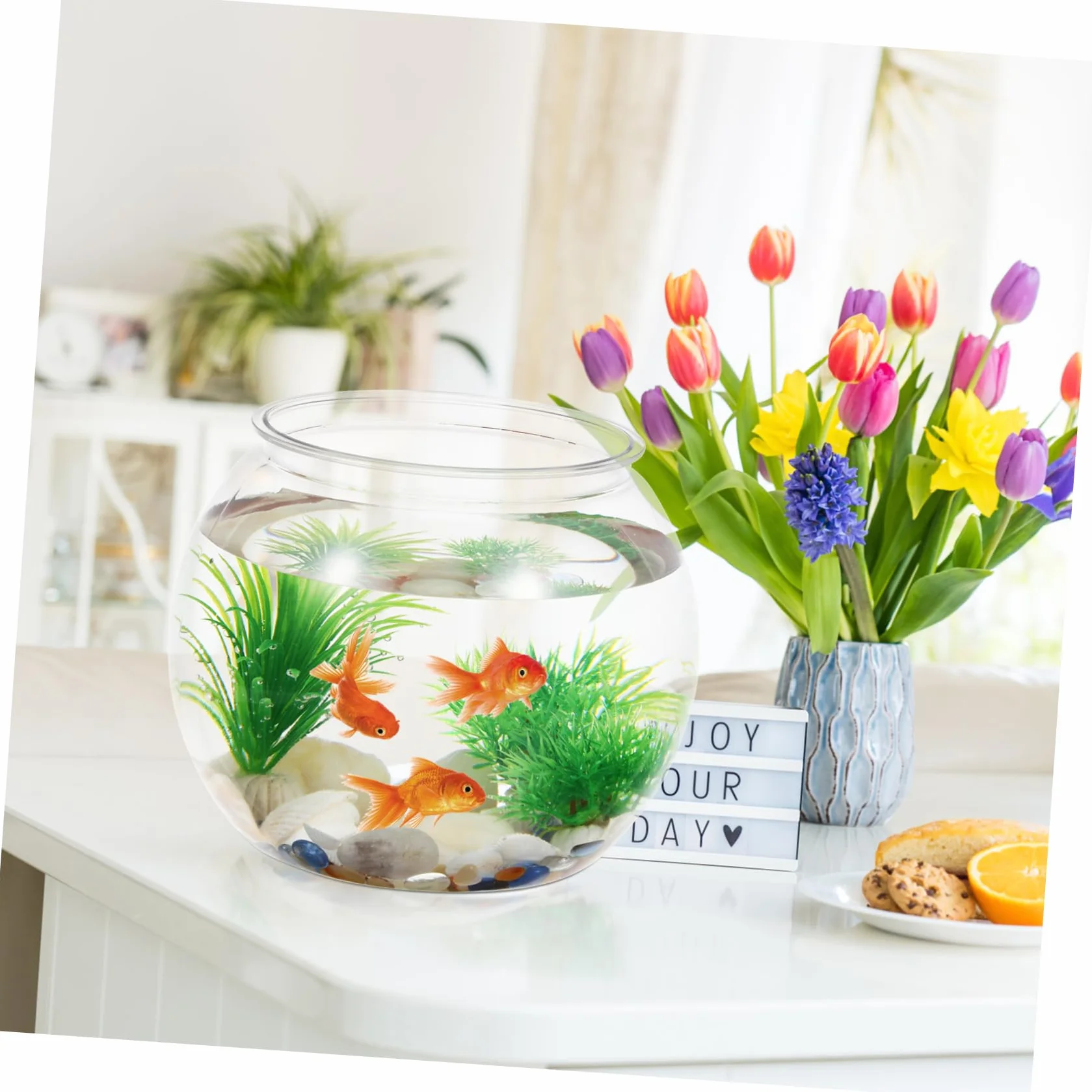 Pecera Plástica Transparente Redonda para Escritorio Acuario Pequeño Durable de Pet Decoración para Oficina y Resistente a para Peces Betta y Tortugas