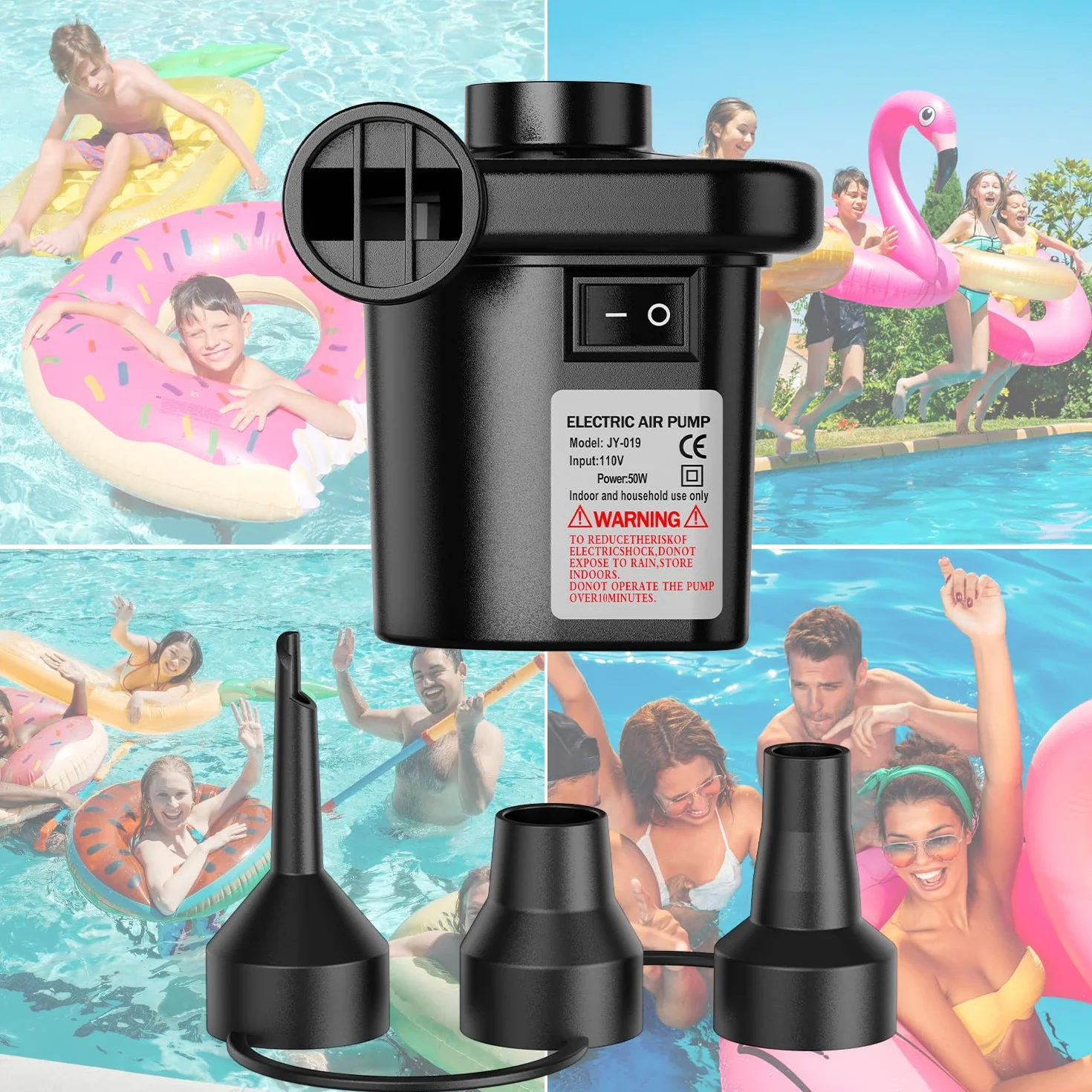 Bomba de Aire Eléctrica 220-240 V, 3 Boquillas, Infladora y Desinfladora para Colchones de Aire, Botes, Flotadores de Piscina