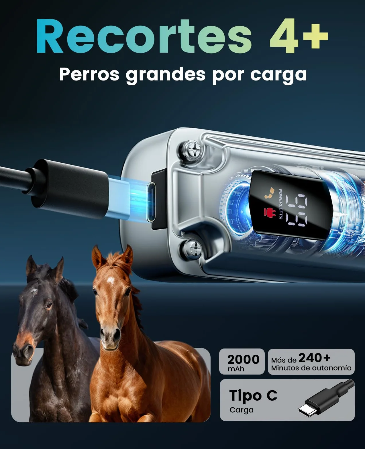 Oneisall Máquina Cortapelo para Caballos Inalámbrica 6 Accesorios Cuchilla Acero Extraíble Silenciosa Pelaje Grueso 4h Autonomía