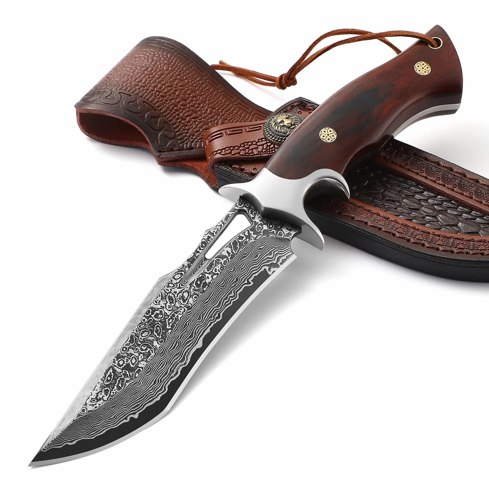 Omesio Cuchillo de Supervivencia Damasco Acero Hoja Funda Incluida Mango Madera Estilo Japonés