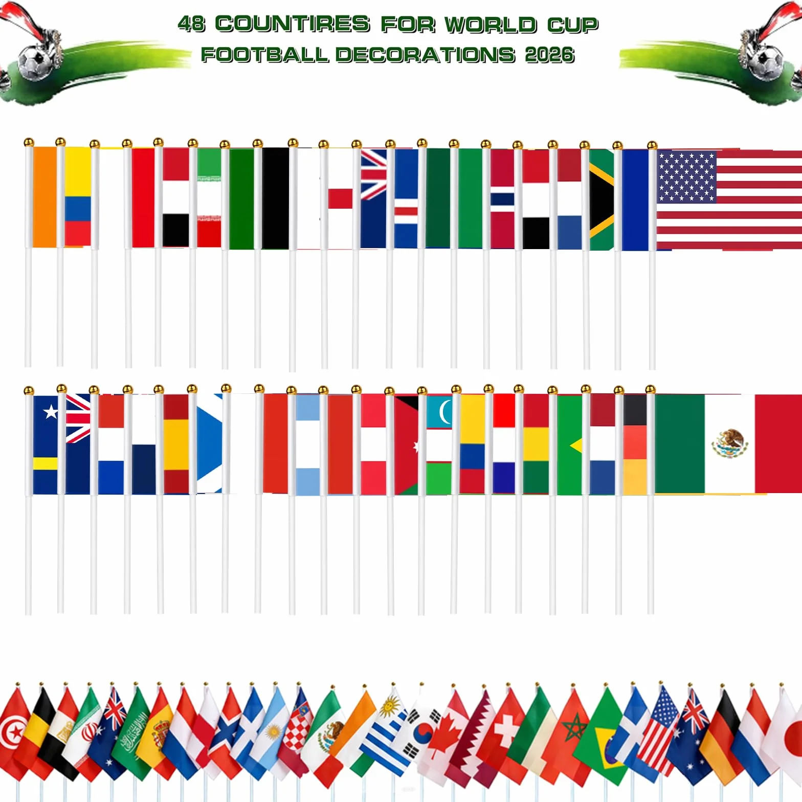 AhfuLife Bandera de Mano de Fútbol Copa del Mundo 48 Países 30cm Palo Doble Cara Decoración Desfile Fiesta