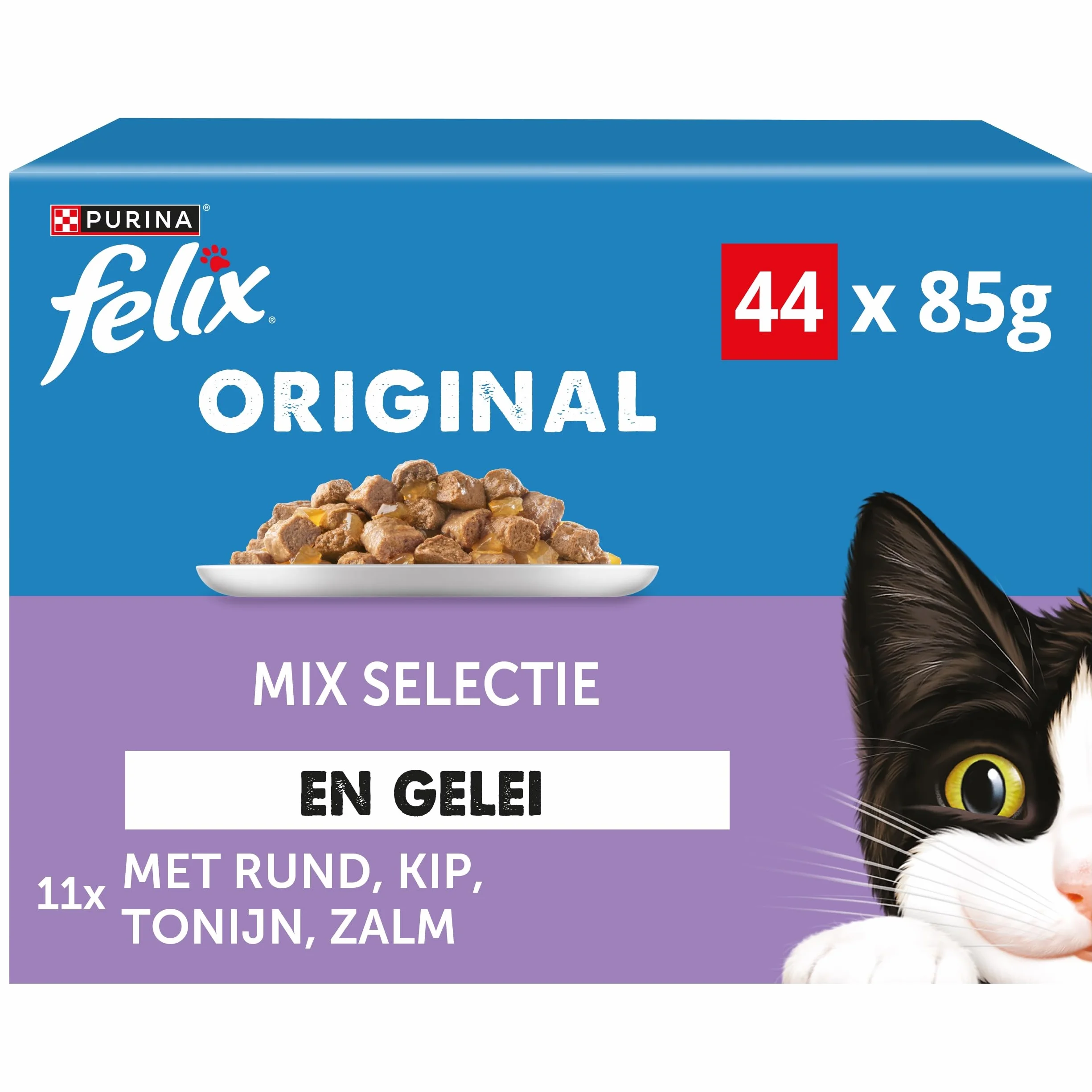 Felix Selección de Mezcla en Jalea de Comida para Gatos, Bolsas de Comida húmeda con Carne de Res, Pollo, salmón y atún, 44 x 85g (44 Bolsas de Comida; 3,7kg)
