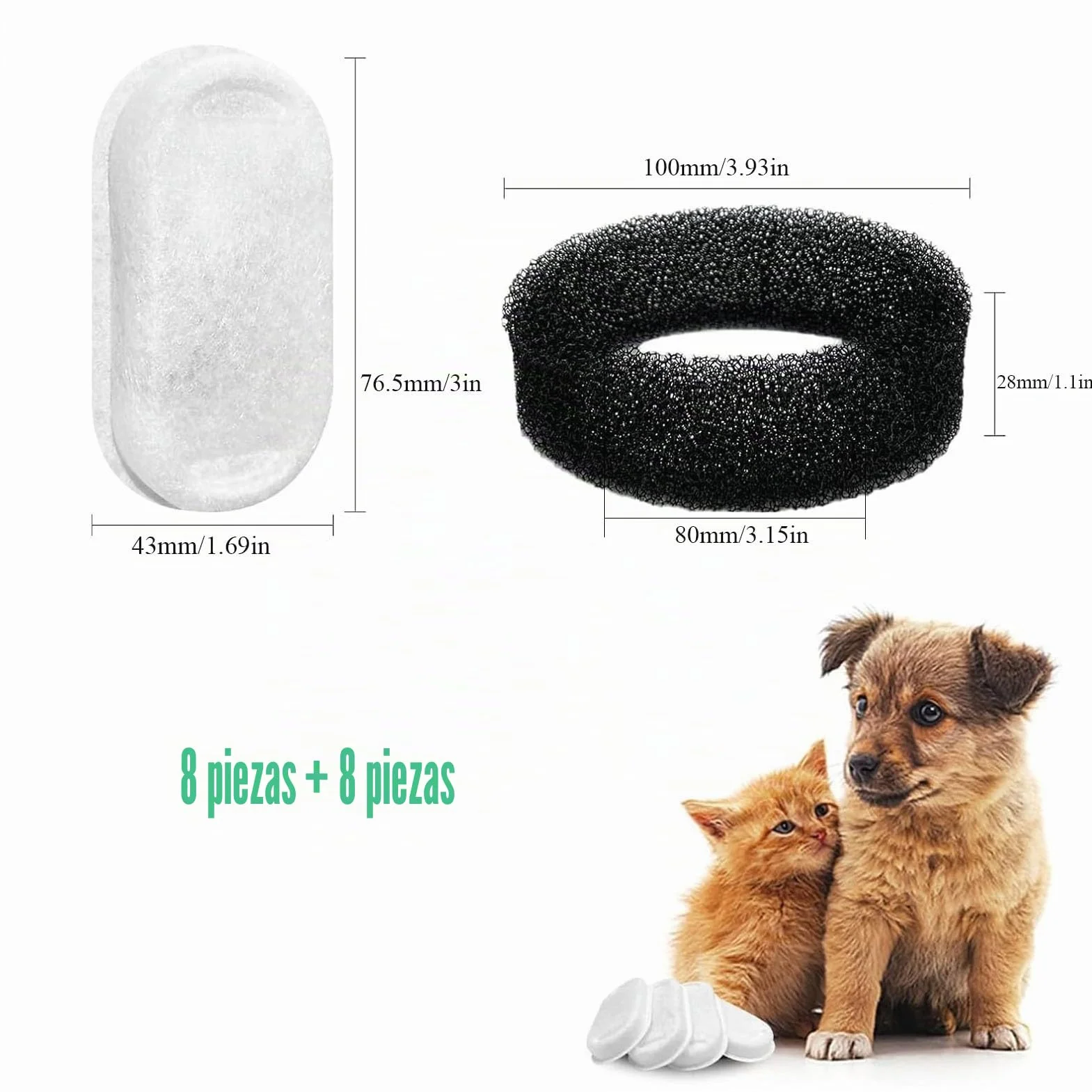 16 Filtros de Fuente de Agua para Gatos, Paquete de 8 Filtros de Fuente para Gatos de Repuesto con 8 Esponjas, para Dispensador de Agua de Acero Inoxidable para Mascotas de 2L/3.2L
