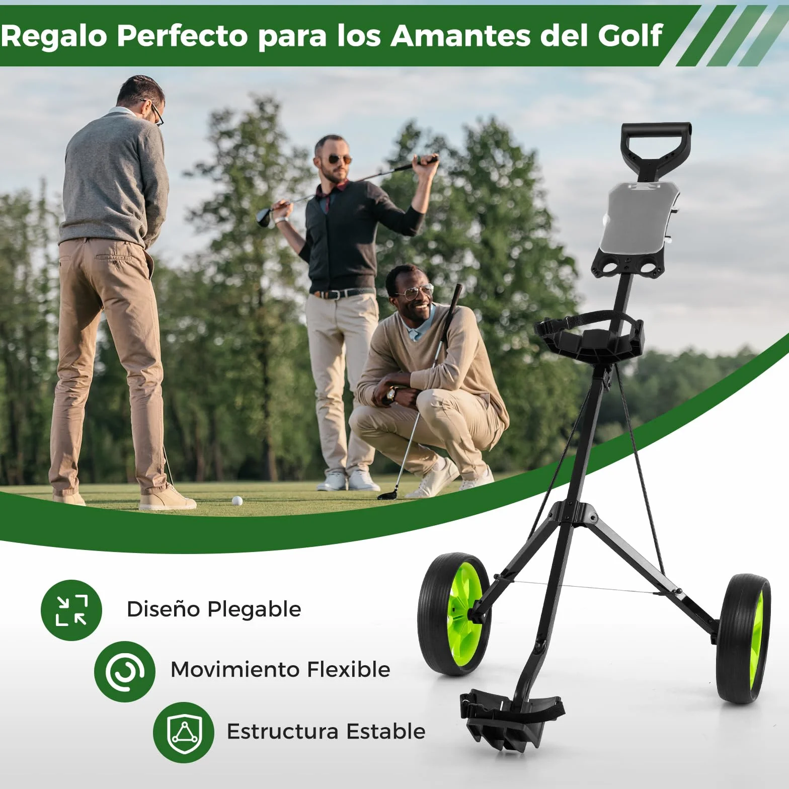 GYMAX Carrito de Golf Plegable 2 Ruedas con Correa Ajustable