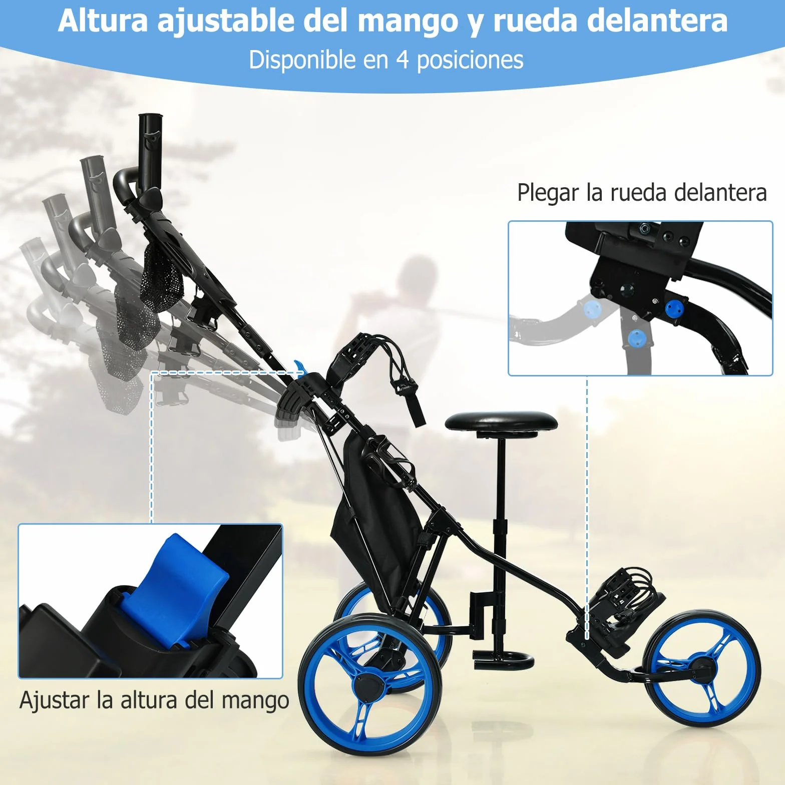 COSTWAY Carro de Golf Plegable 3 Ruedas con Altura Regulable, Asiento, Porta Paraguas y Bebidas