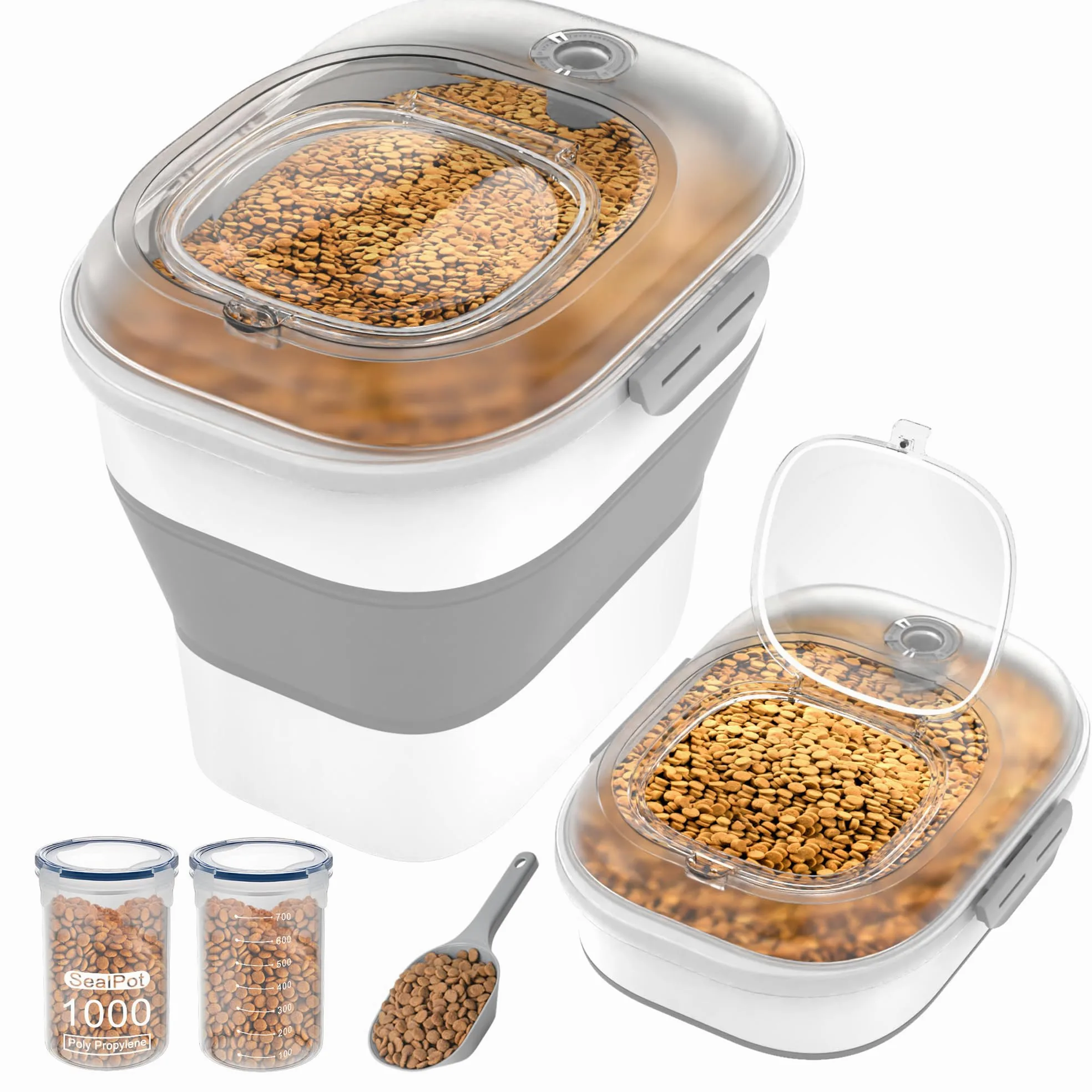 Contenedor de almacenamiento de alimentos para perros de 32 a 35 libras, contenedor plegable de comida para perros con tapa hermética transparente, ruedas, pista de fecha, contenedor de