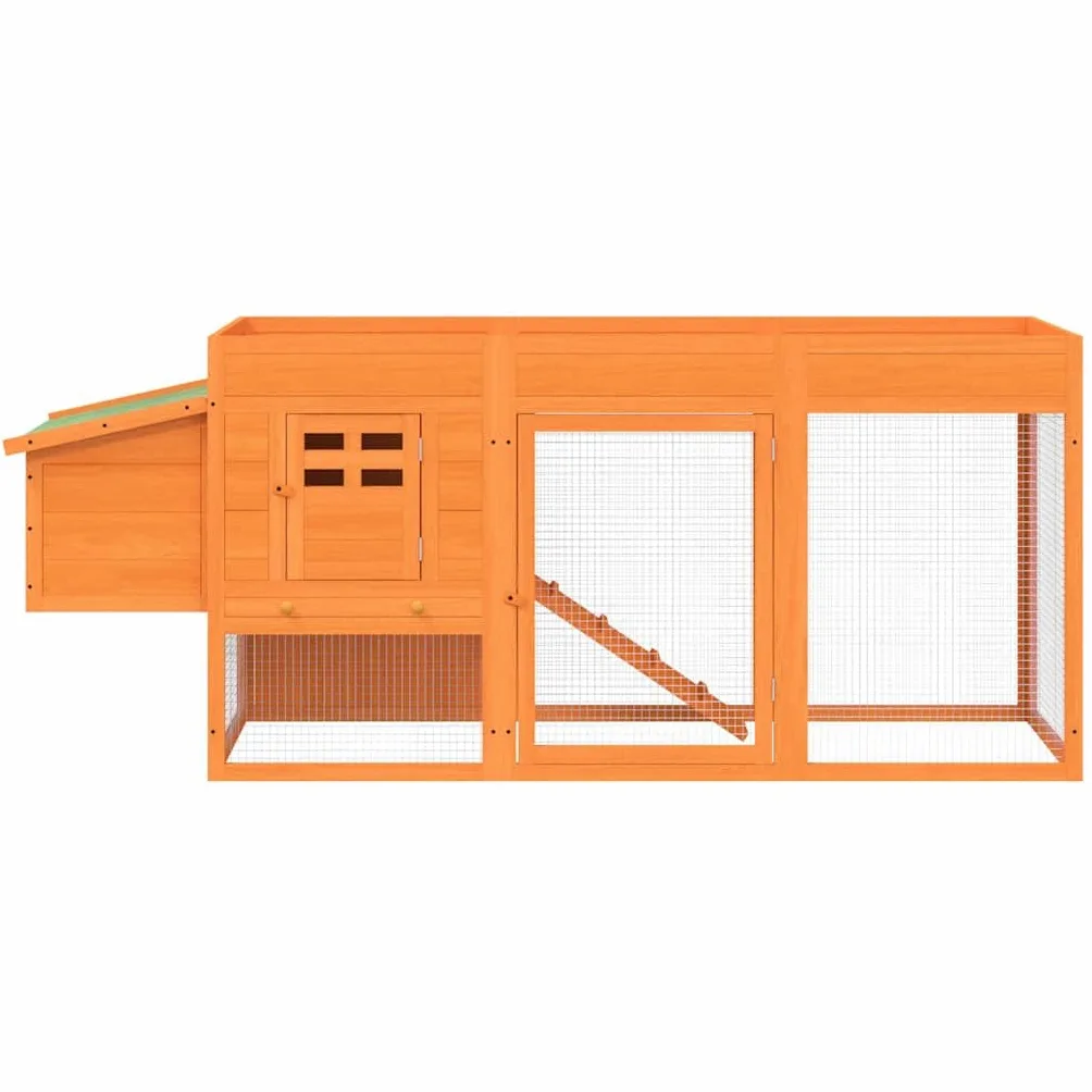 Gallinero de madera maciza de pino, establo para animales pequeños con nido, caño y rampa, gallinero para pollos, conejos y codornices, marrón verde, 204 x 50 x 84 cm